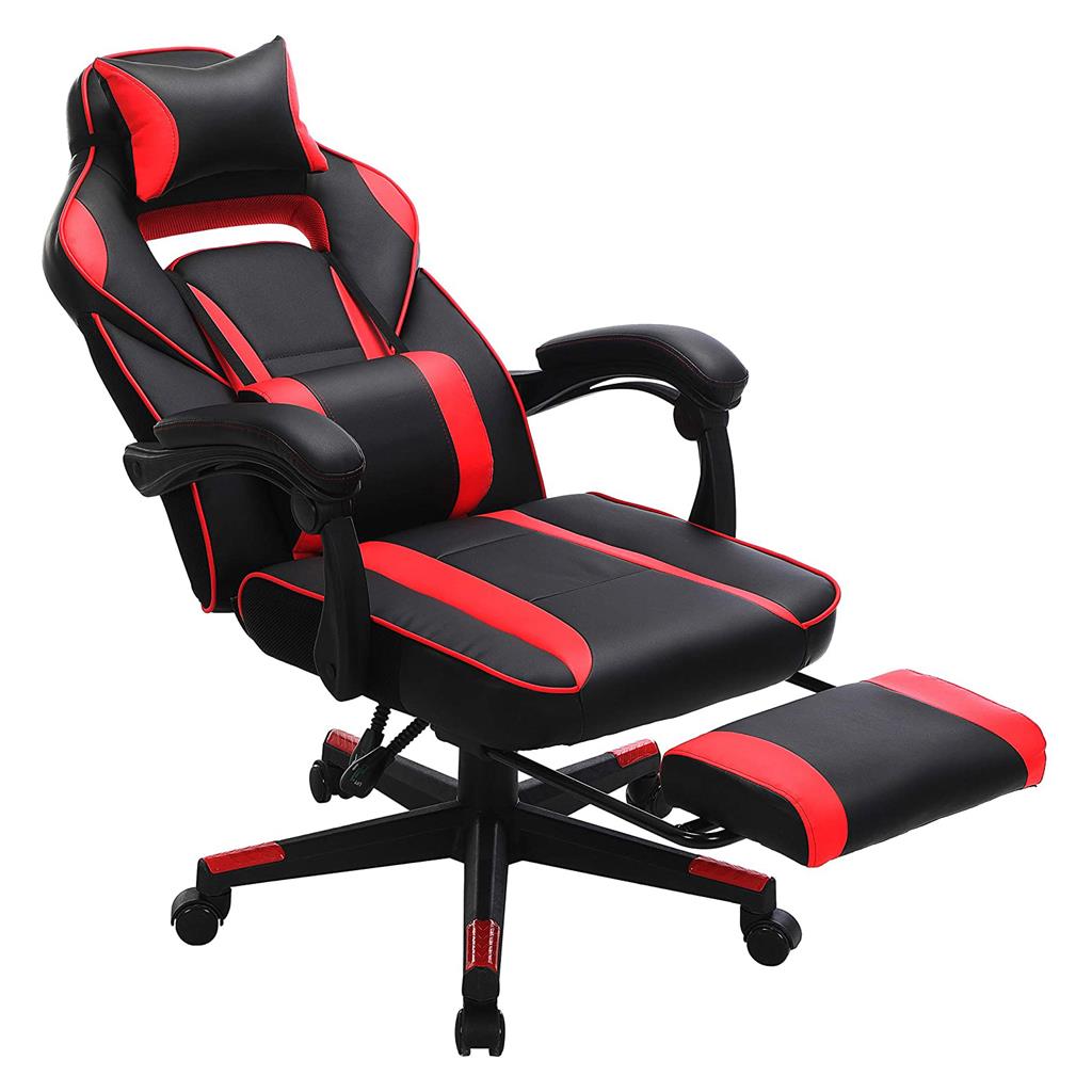 Adjustable Office Chair - Fabric - Black and Red - Ergonomic Design with Footrest and Lumbar Support