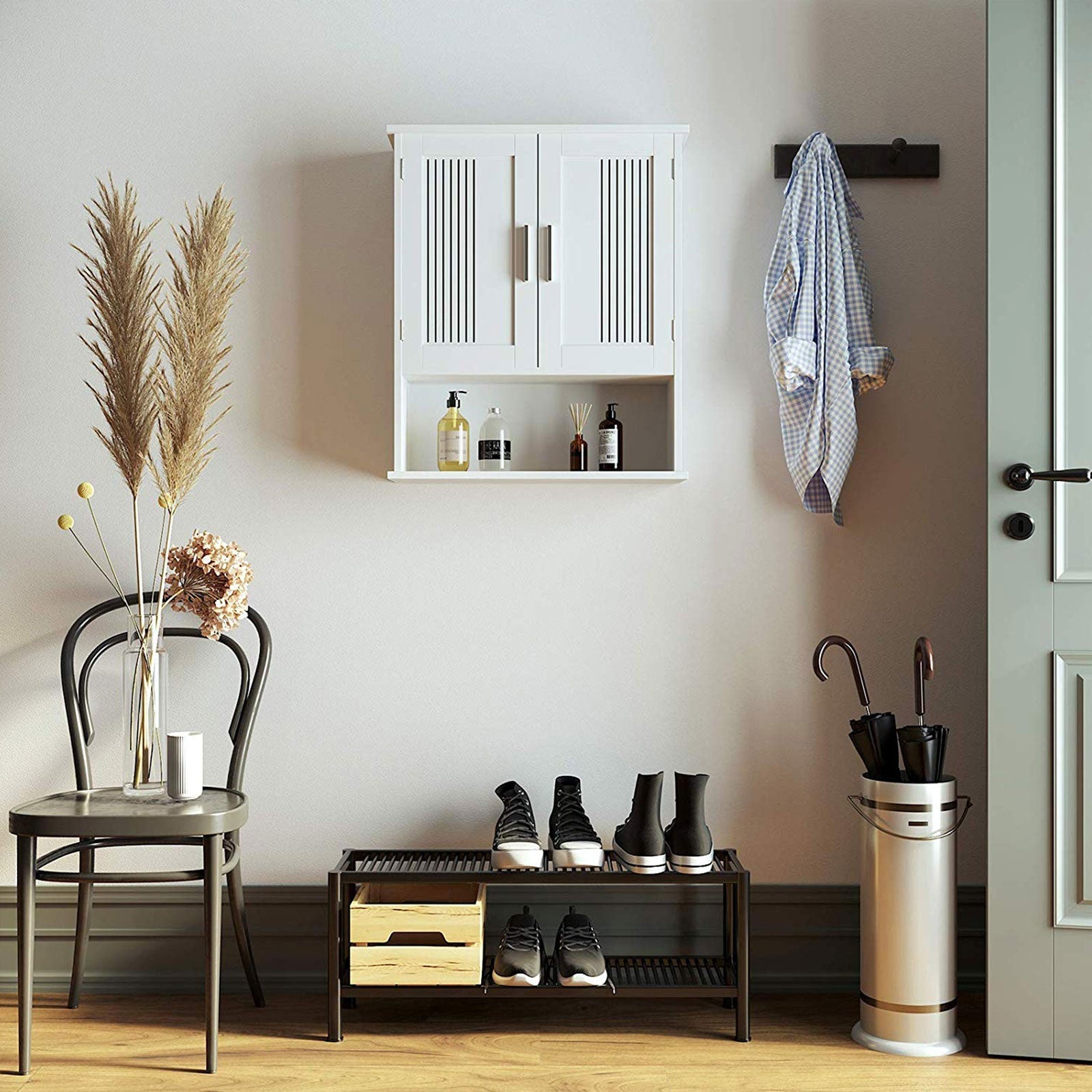 Wall Cabinet - Wood - White - Adjustable Shelf with Double Doors and Open Shelf