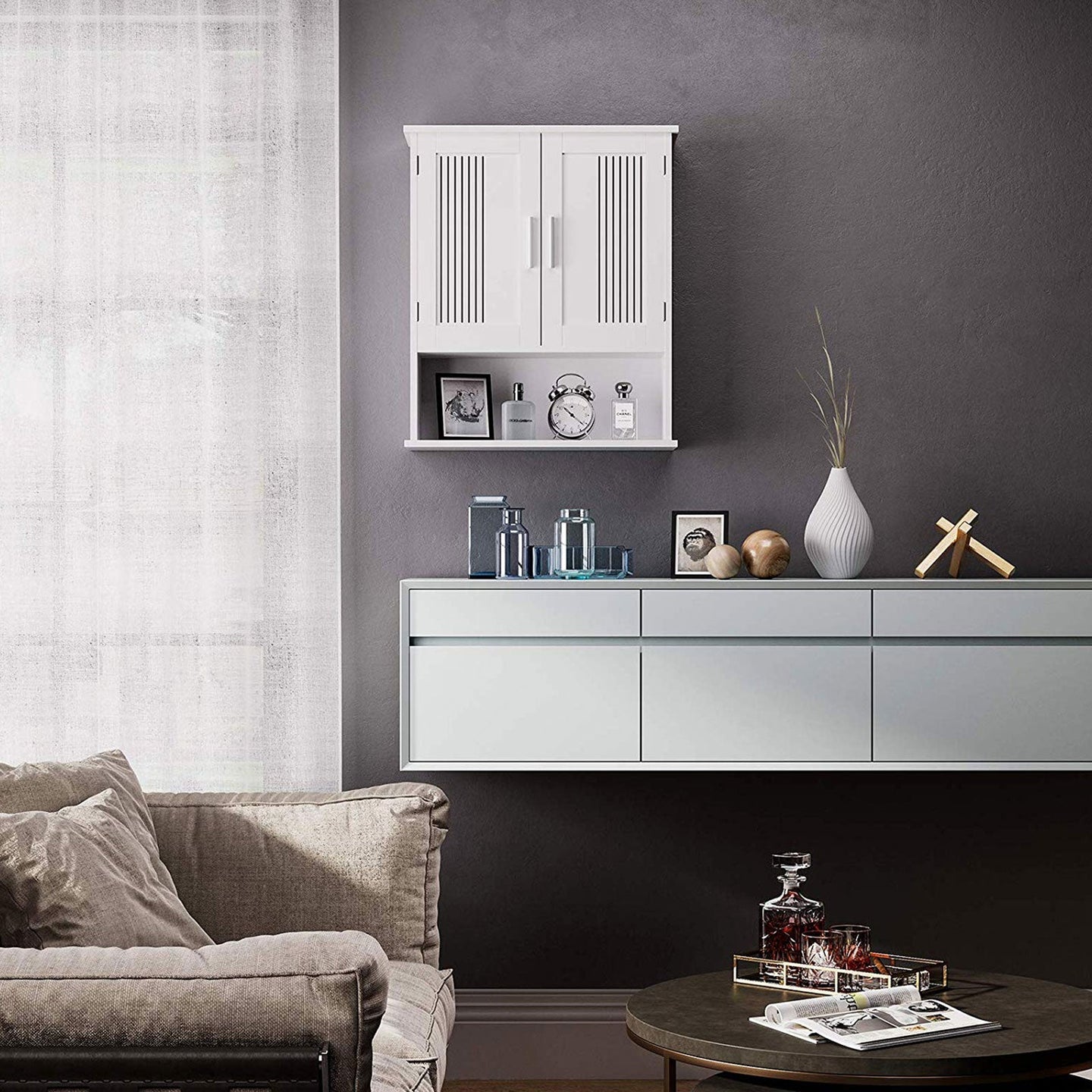 Wall Cabinet - Wood - White - Adjustable Shelf with Double Doors and Open Shelf