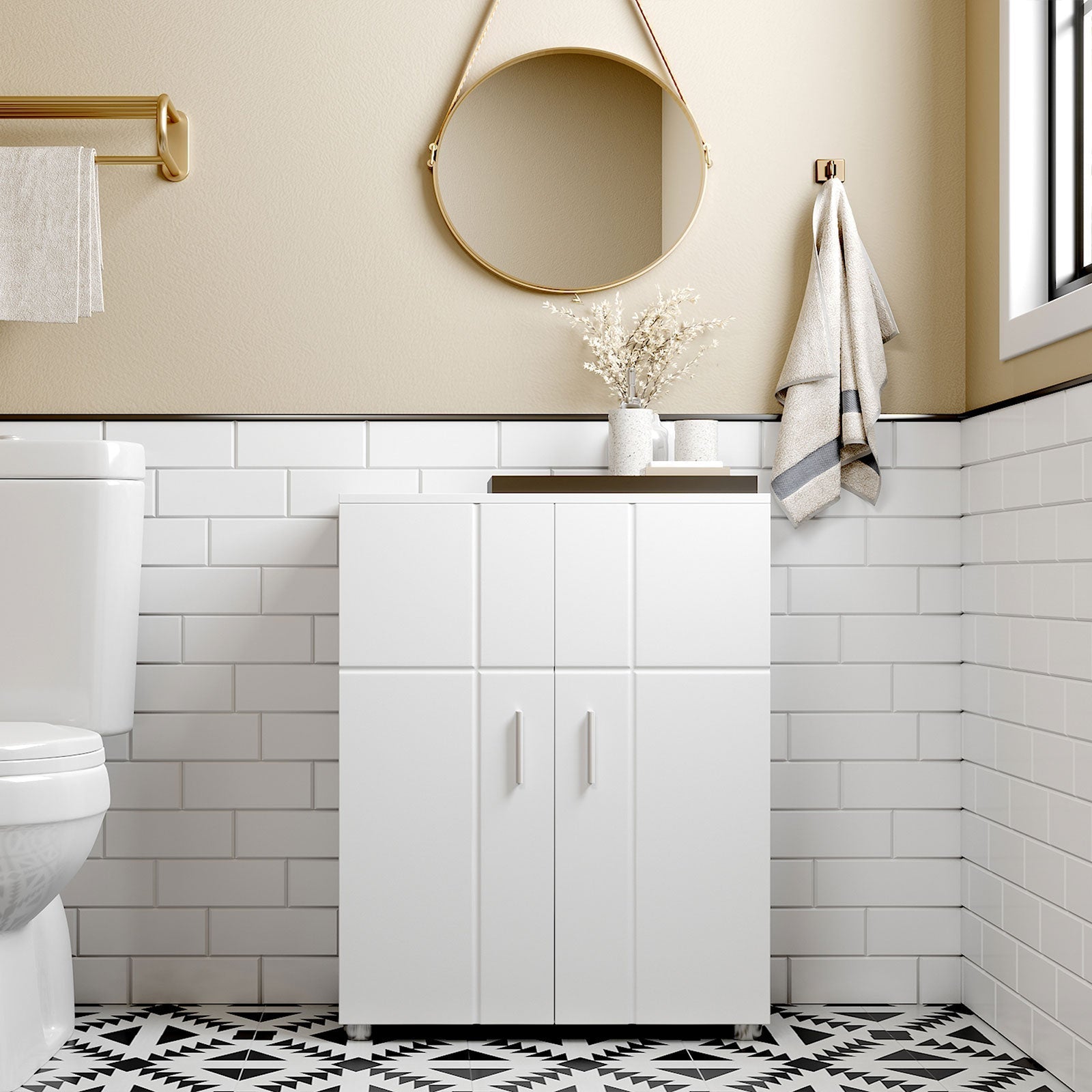 Floor Cabinet - Engineered Wood - White - Double Door with Adjustable Shelves and Buffer Hinges