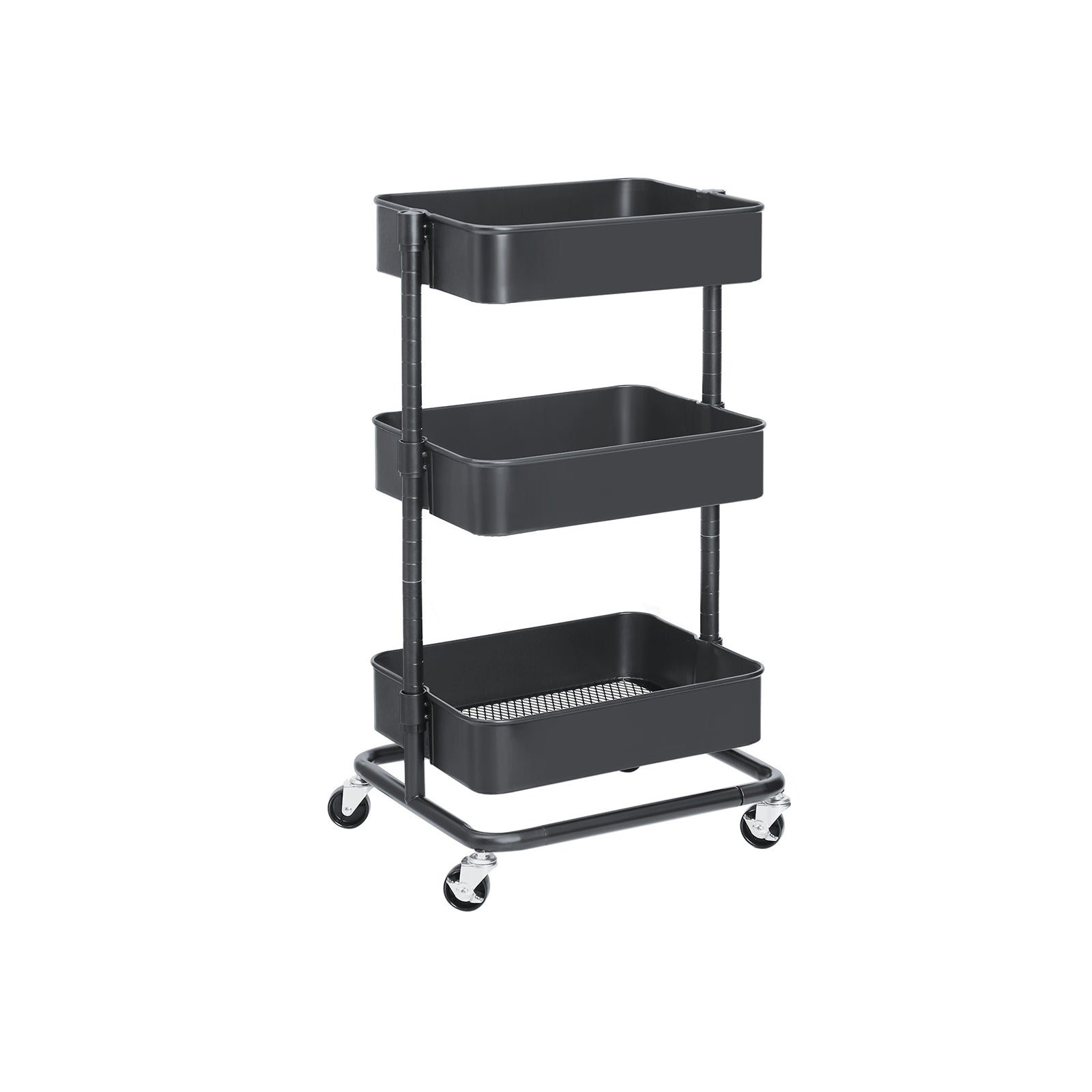 Rolling Cart - Metal - Black - 3-Tier with Height Adjustable Shelves and Brakes