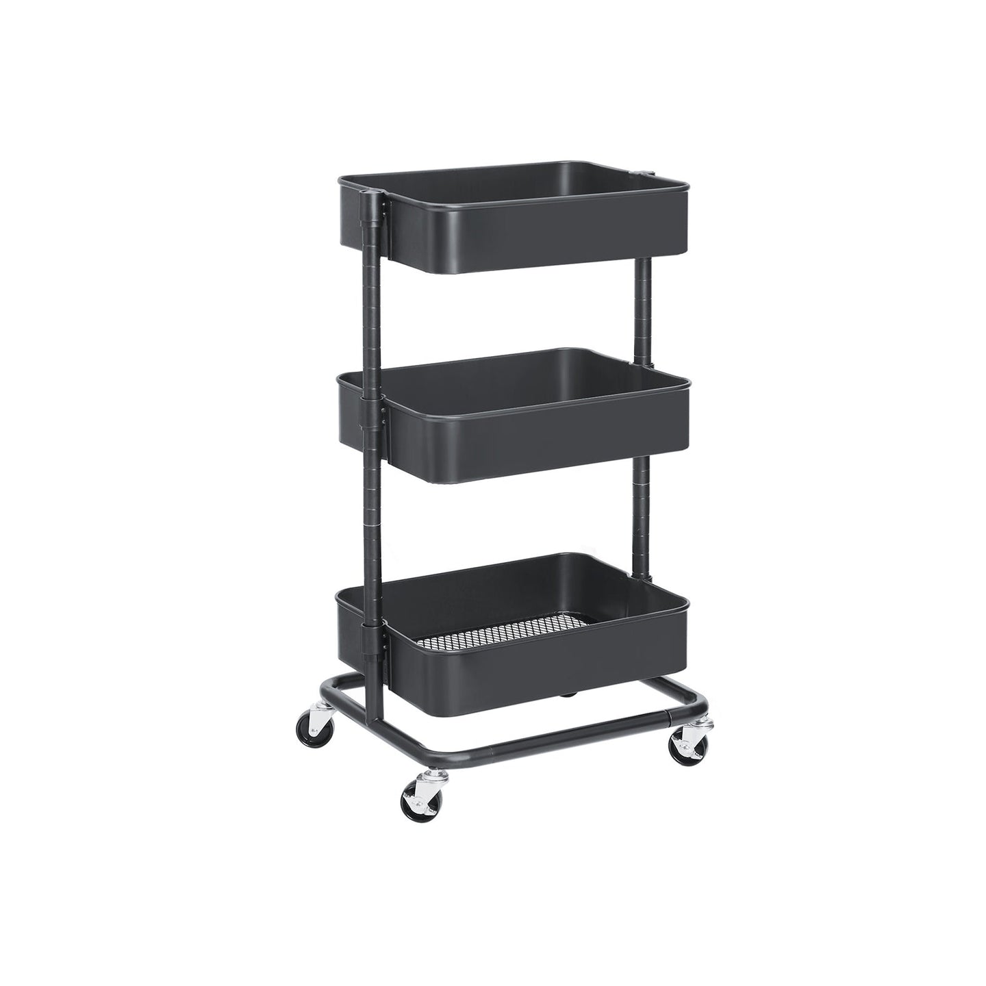 Rolling Cart - Metal - Black - 3-Tier with Height Adjustable Shelves and Brakes