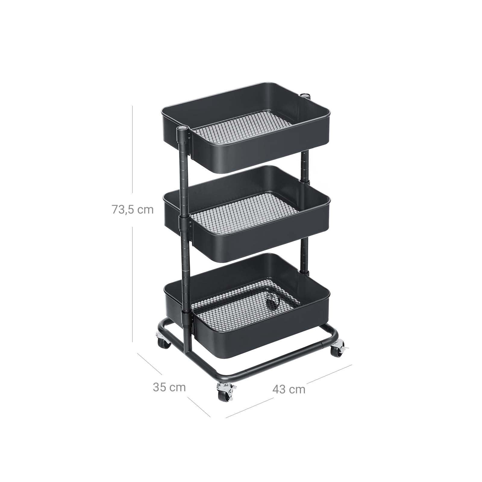Rolling Cart - Metal - Black - 3-Tier with Height Adjustable Shelves and Brakes