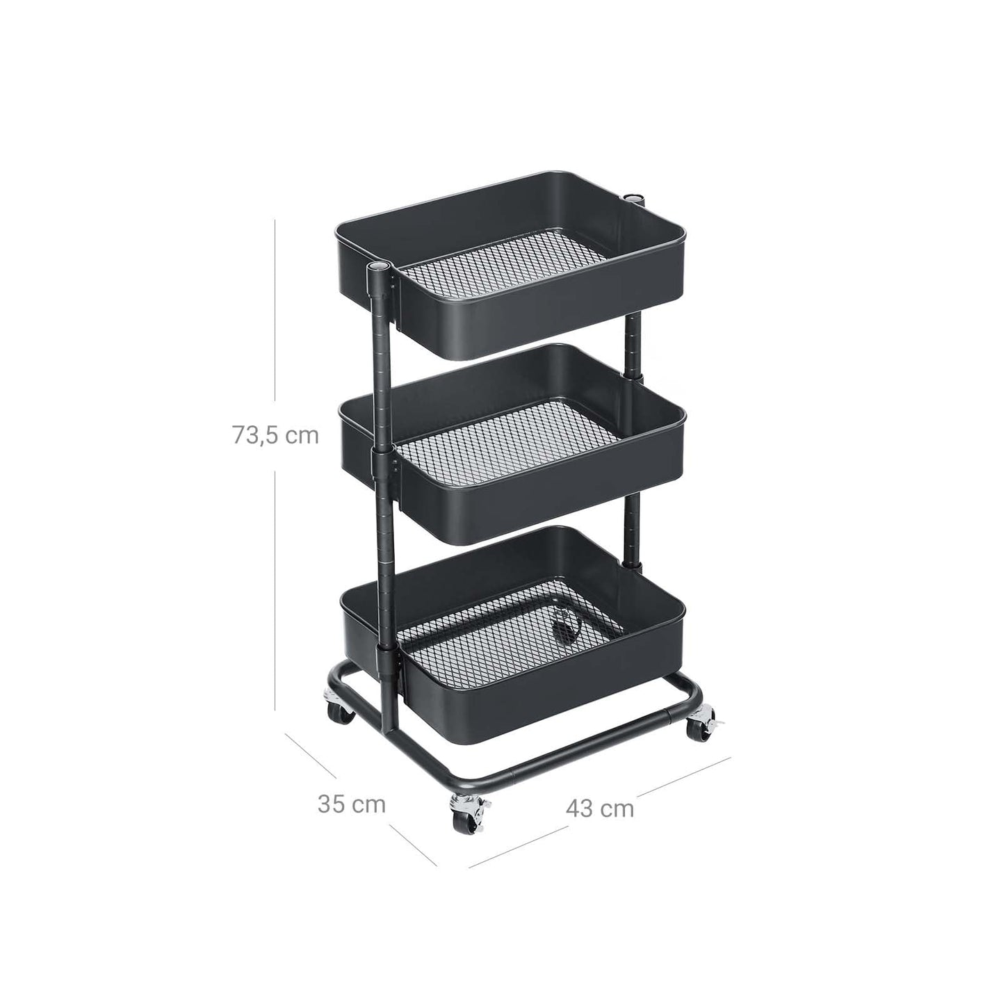 Rolling Cart - Metal - Black - 3-Tier with Height Adjustable Shelves and Brakes