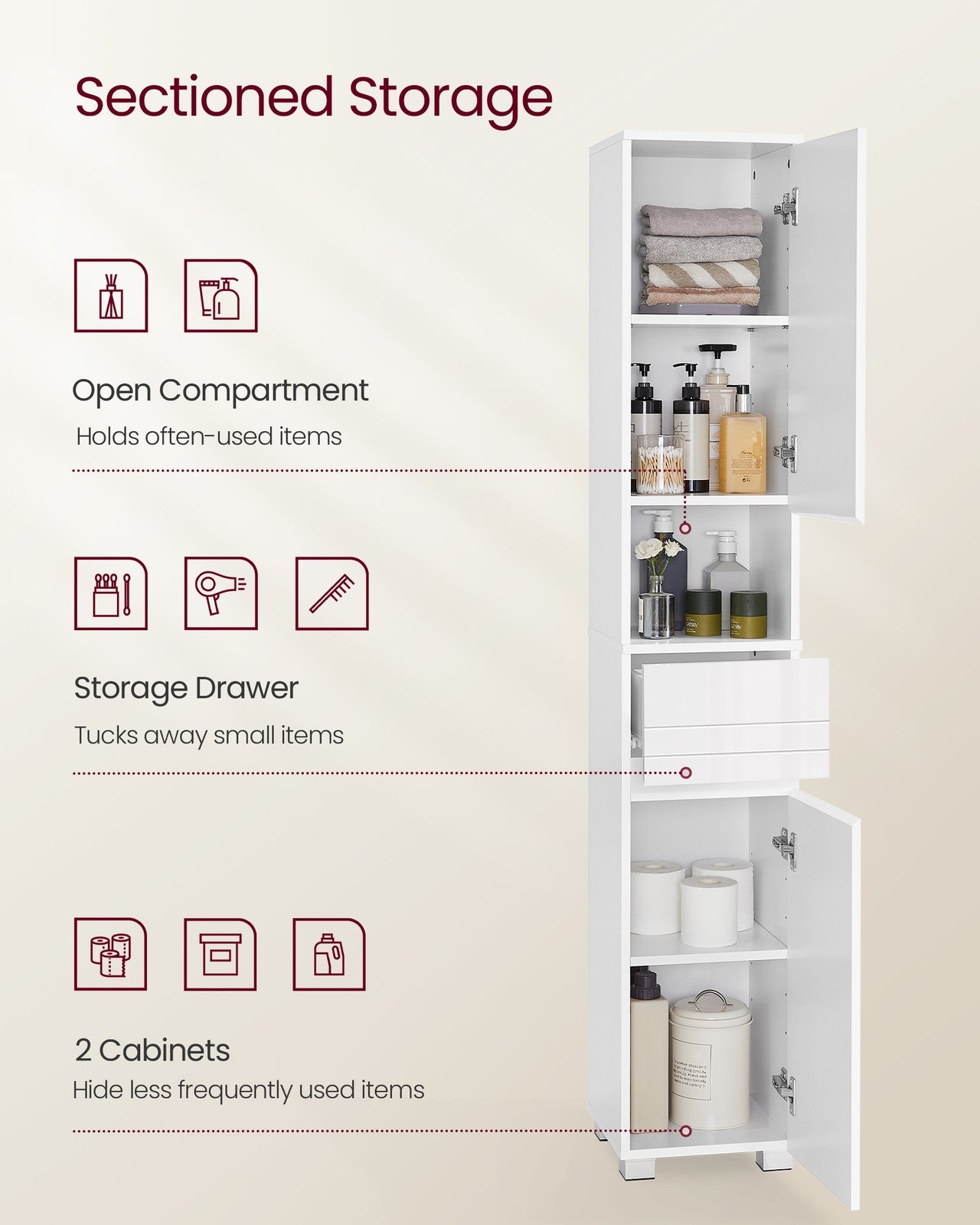 Tall and Slim Bathroom Cabinet - MDF - White