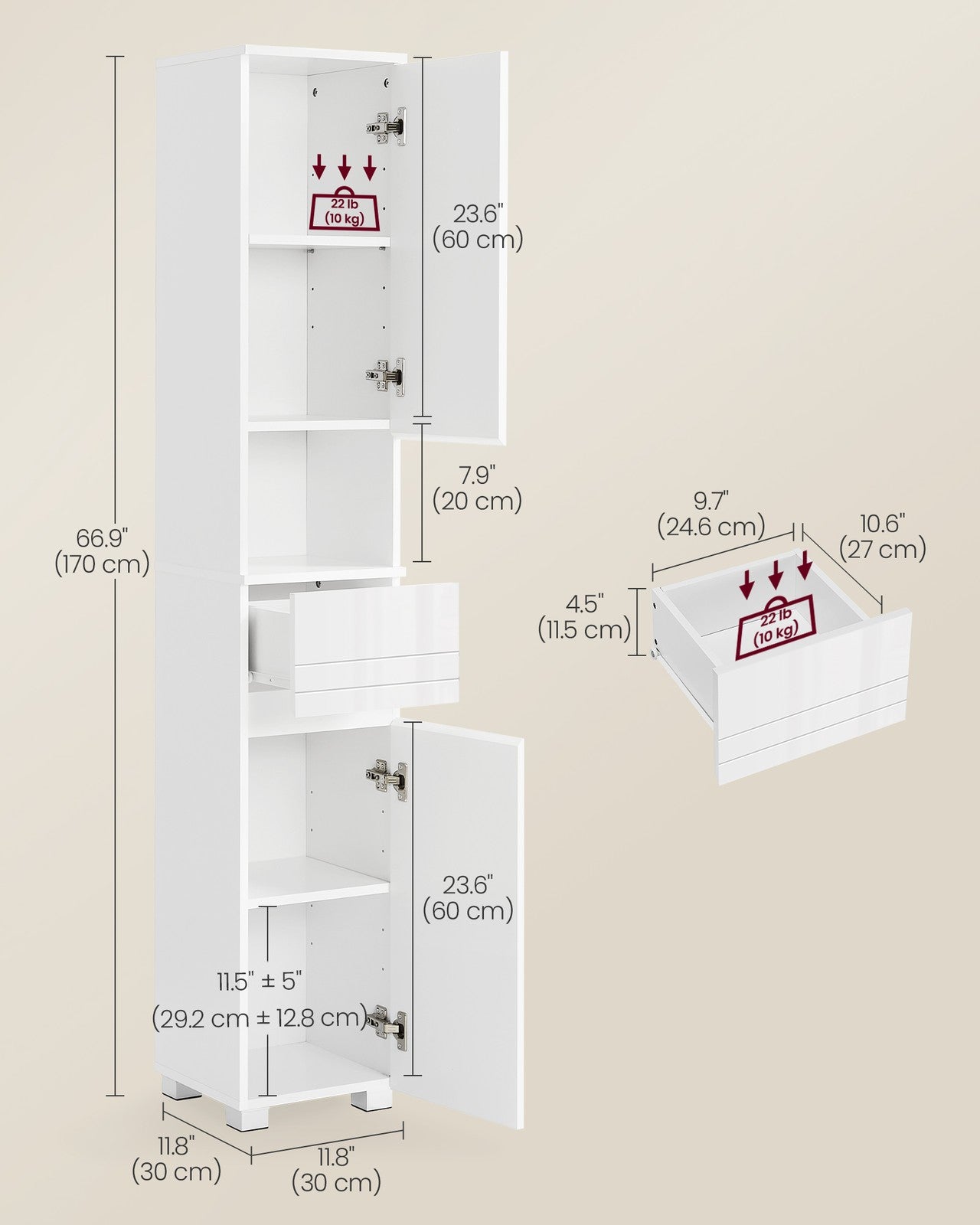 Tall and Slim Bathroom Cabinet - MDF - White