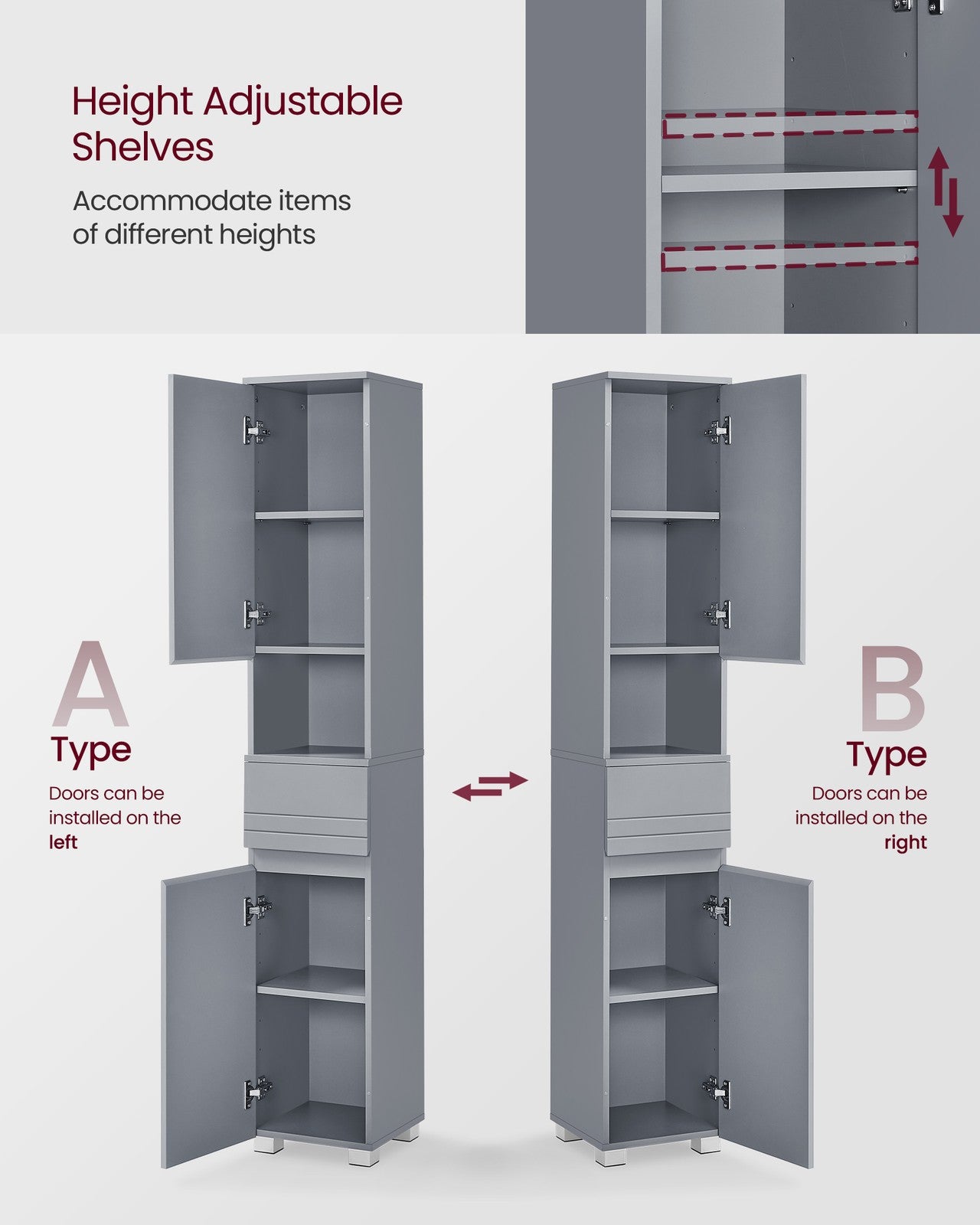 Sleek Bathroom Cabinet - MDF - Mystic Grey - with a Drawer