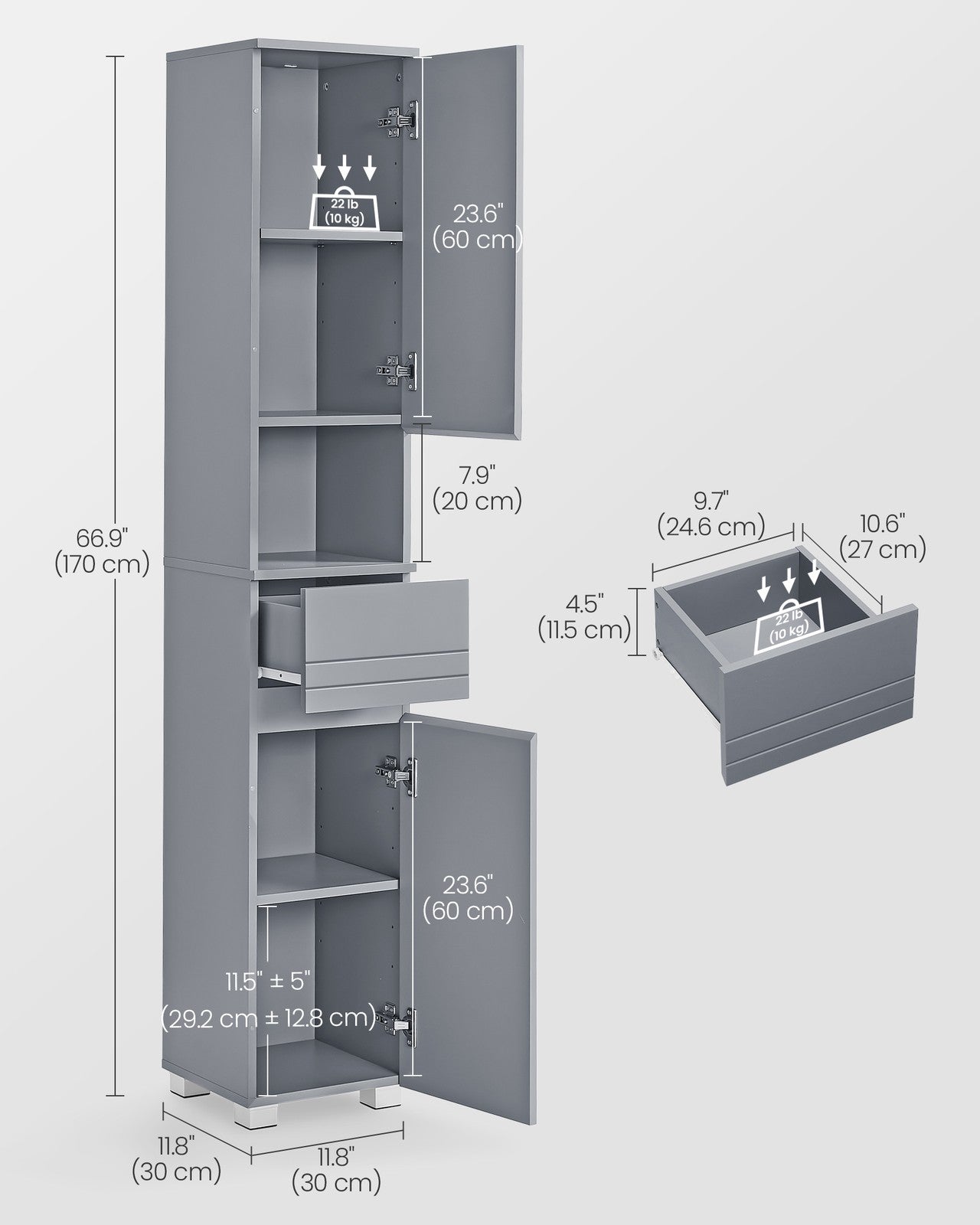 Sleek Bathroom Cabinet - MDF - Mystic Grey - with a Drawer