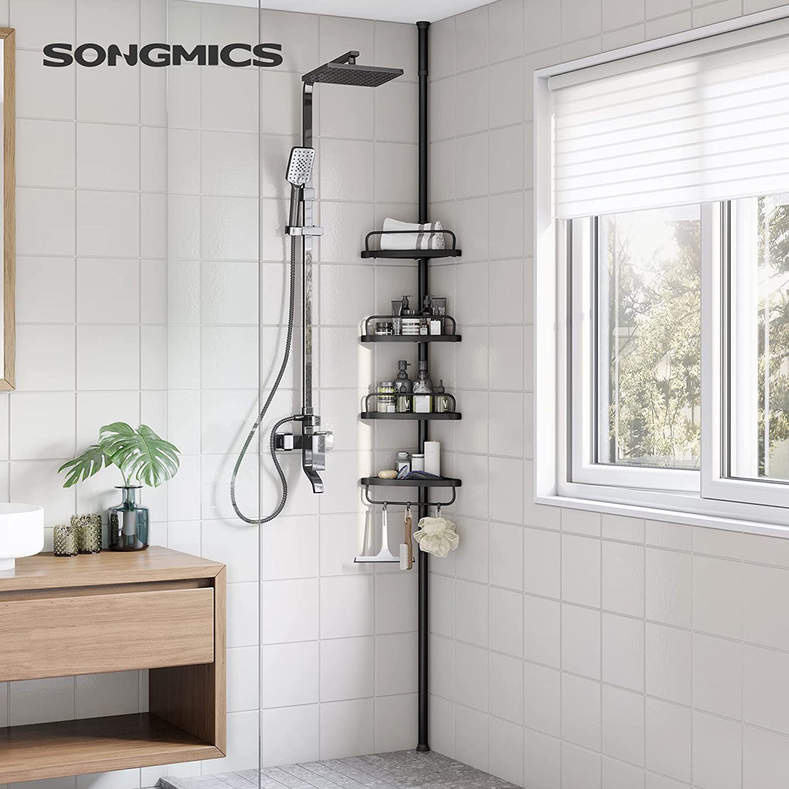 Black Adjustable Corner Bathroom Shelf - Steel Tube - Black