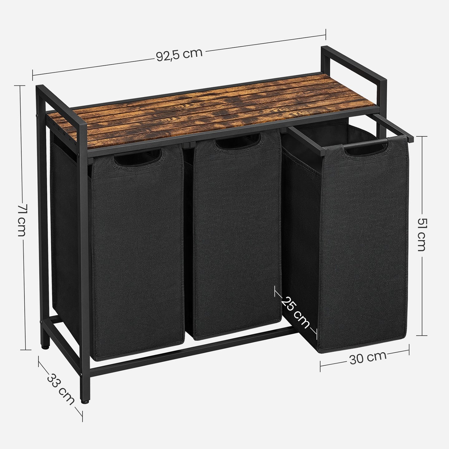 Laundry Basket - MDF and Steel - Rustic Brown - with 3 Pull-Out