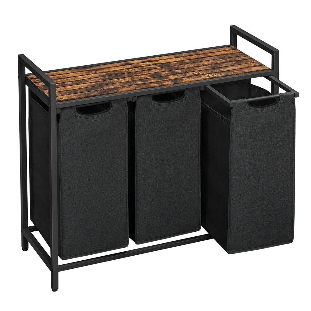Laundry Basket - MDF and Steel - Rustic Brown - with 3 Pull-Out