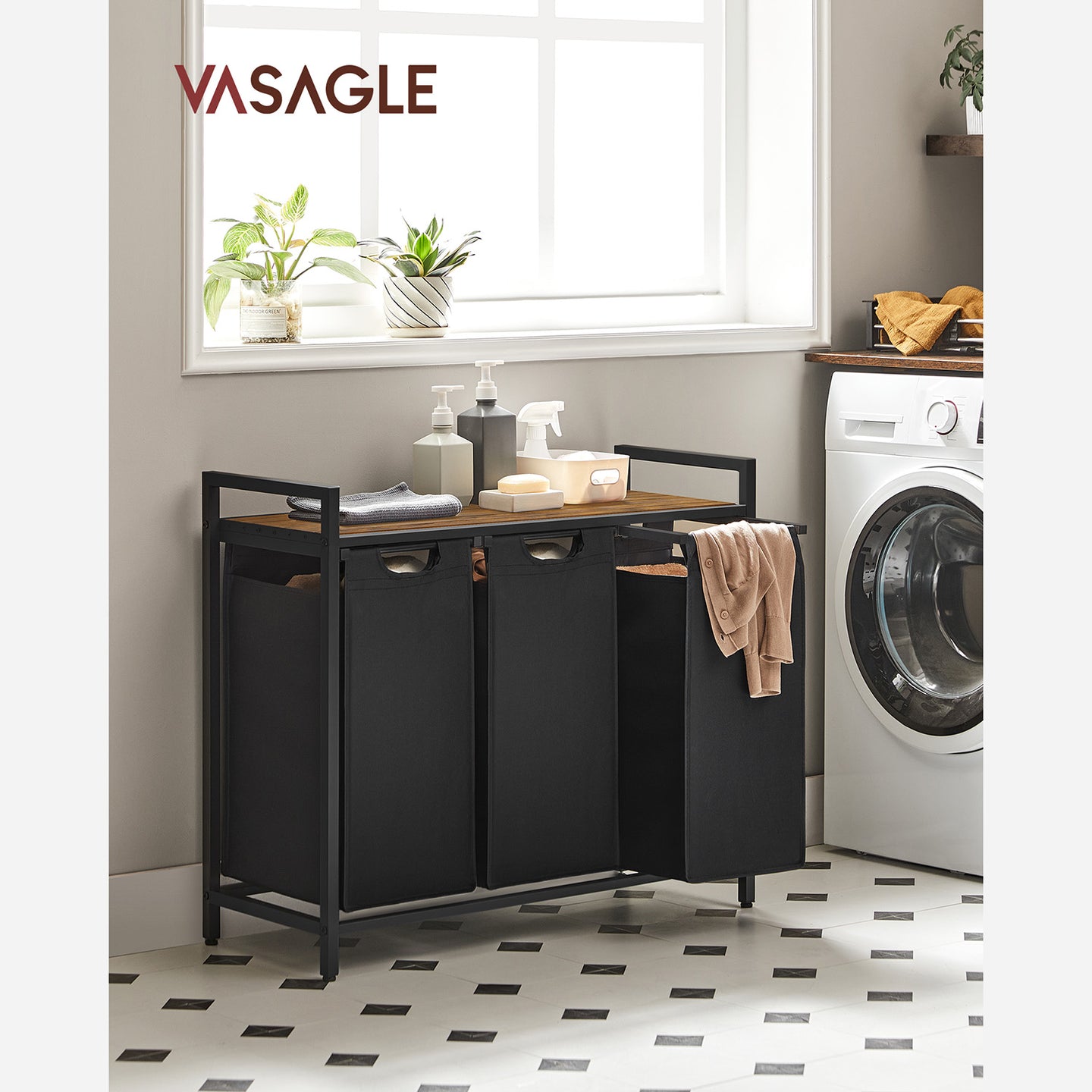 Laundry Basket - MDF and Steel - Rustic Brown - with 3 Pull-Out