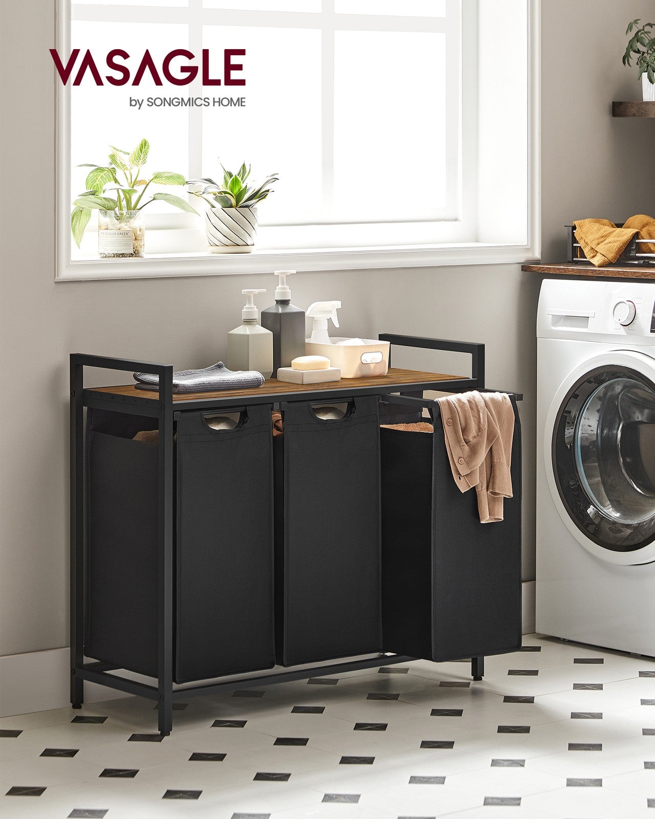 Laundry Basket - MDF and Steel - Rustic Brown - with 3 Pull-Out