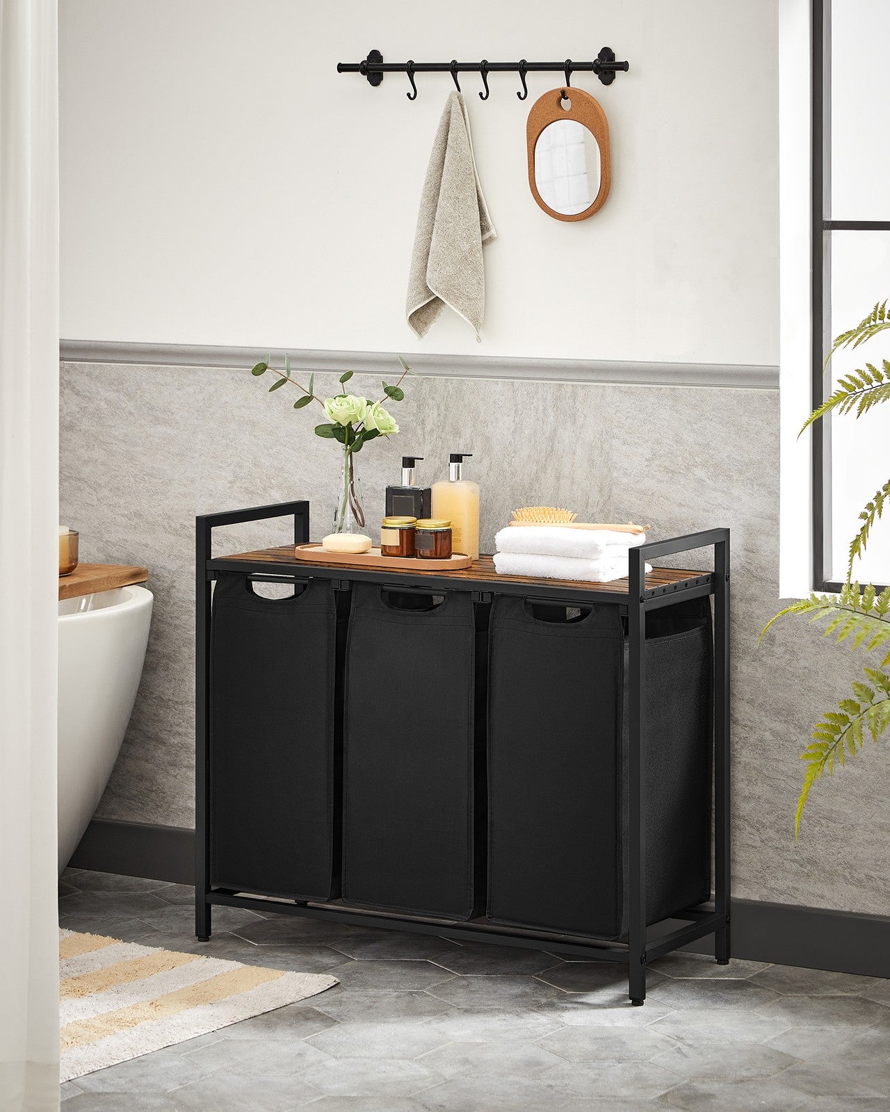 Laundry Basket - MDF and Steel - Rustic Brown - with 3 Pull-Out