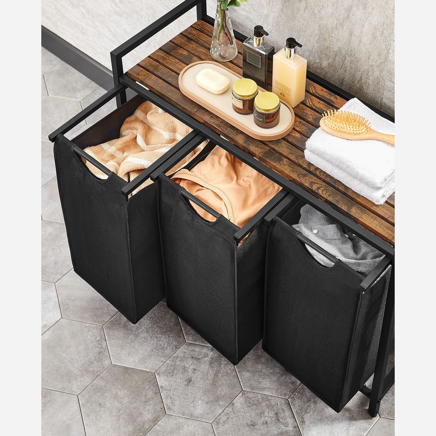 Laundry Basket - MDF and Steel - Rustic Brown - with 3 Pull-Out