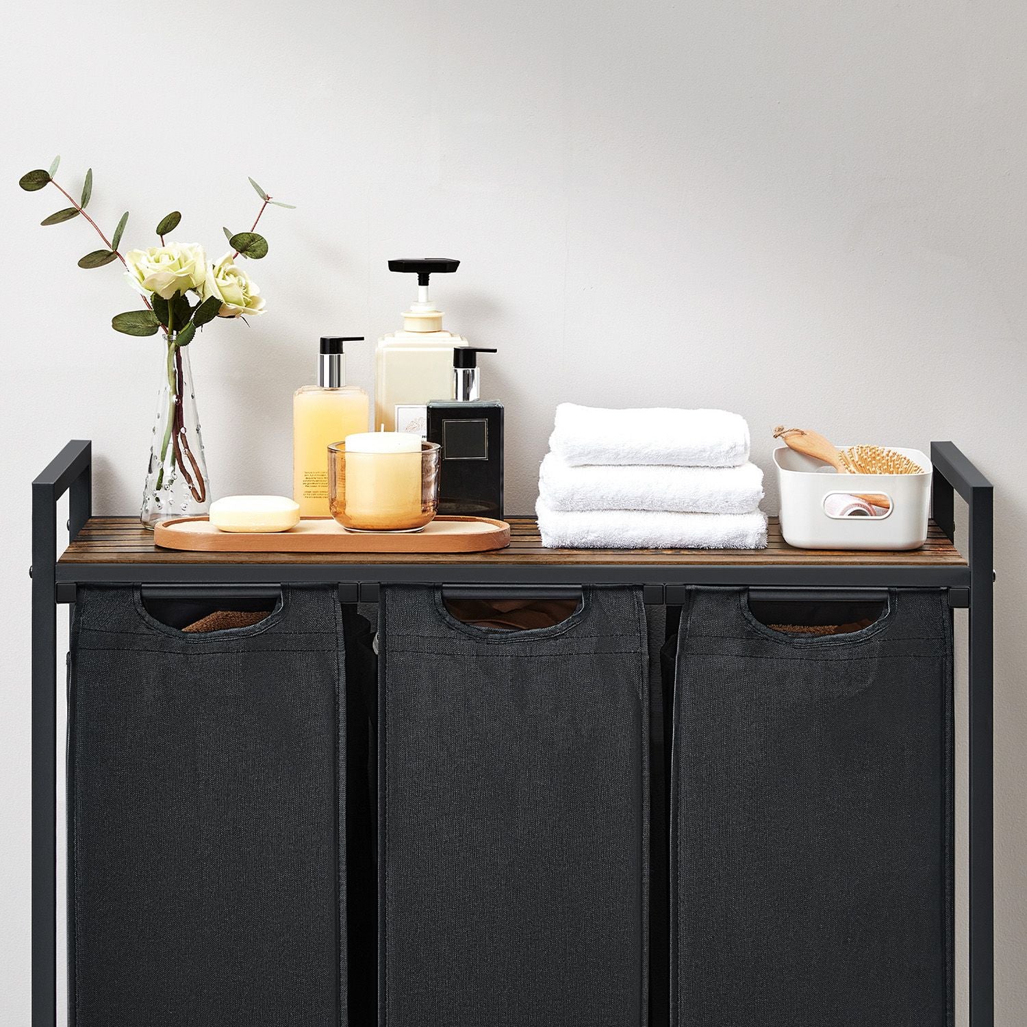 Laundry Basket - MDF and Steel - Rustic Brown - with 3 Pull-Out