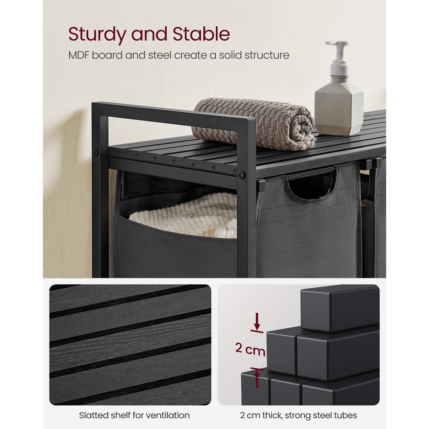 Laundry Basket - MDF and Steel - Black and Grey