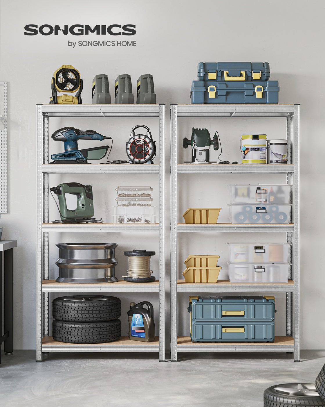Set of 2 Silver Garage Shelving - Steel Frame and MDF - Silver