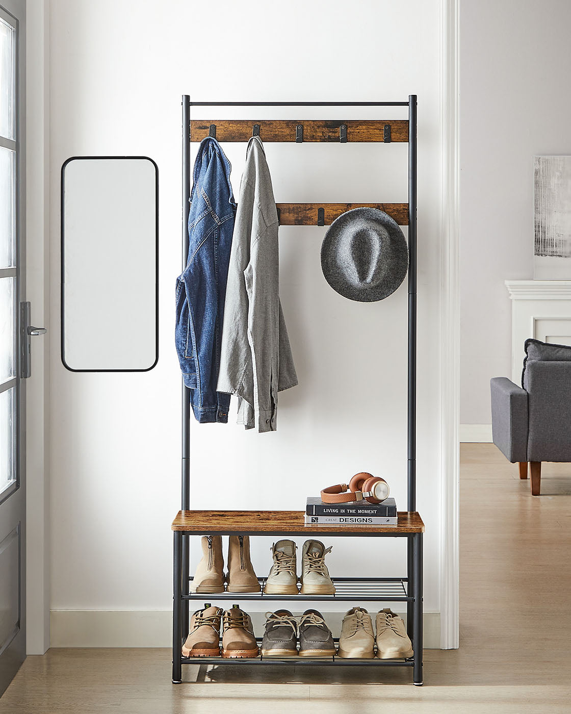 Hat Coat Stand - Particleboard and Metal - Rustic Brown