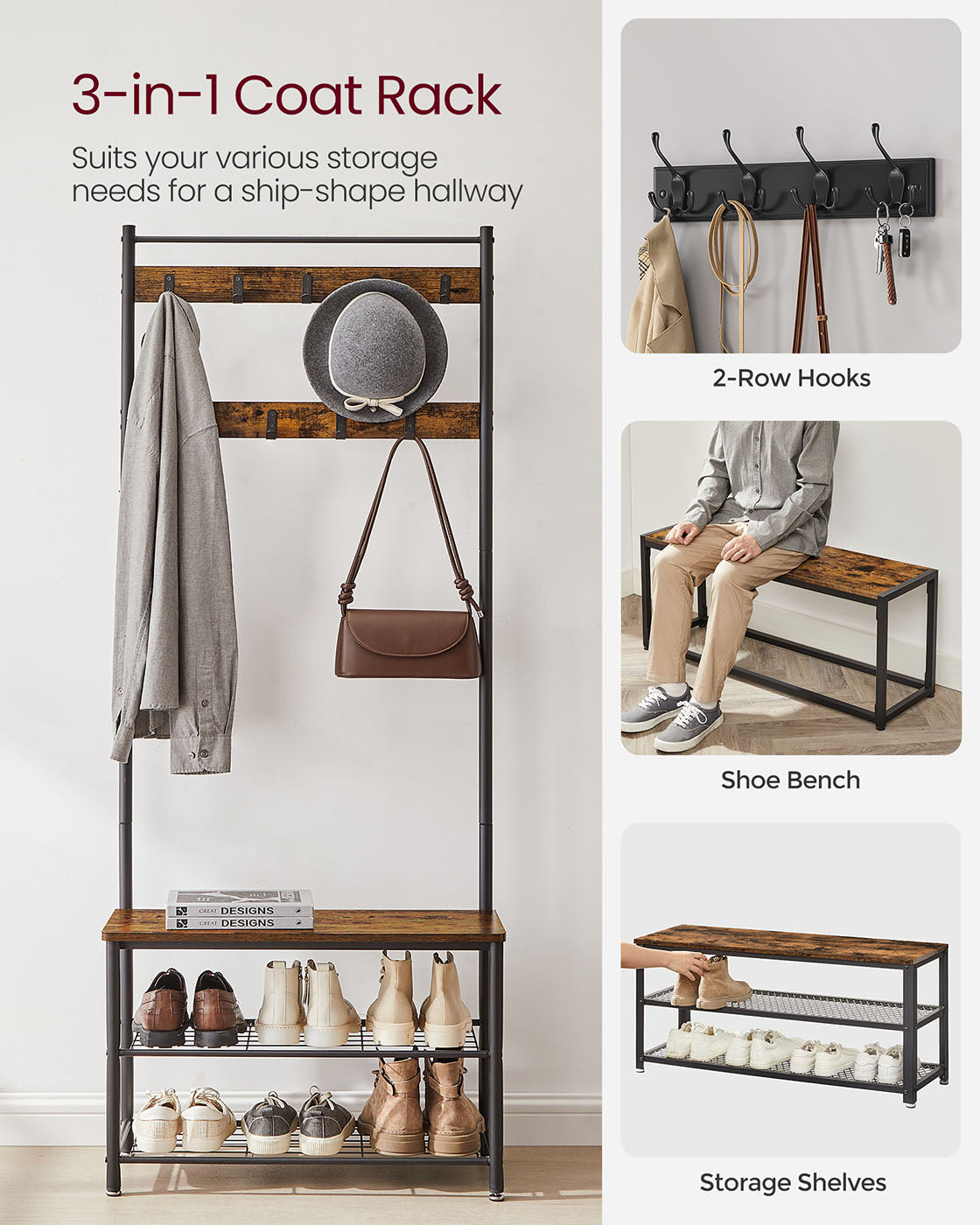 Hat Coat Stand - Particleboard and Metal - Rustic Brown