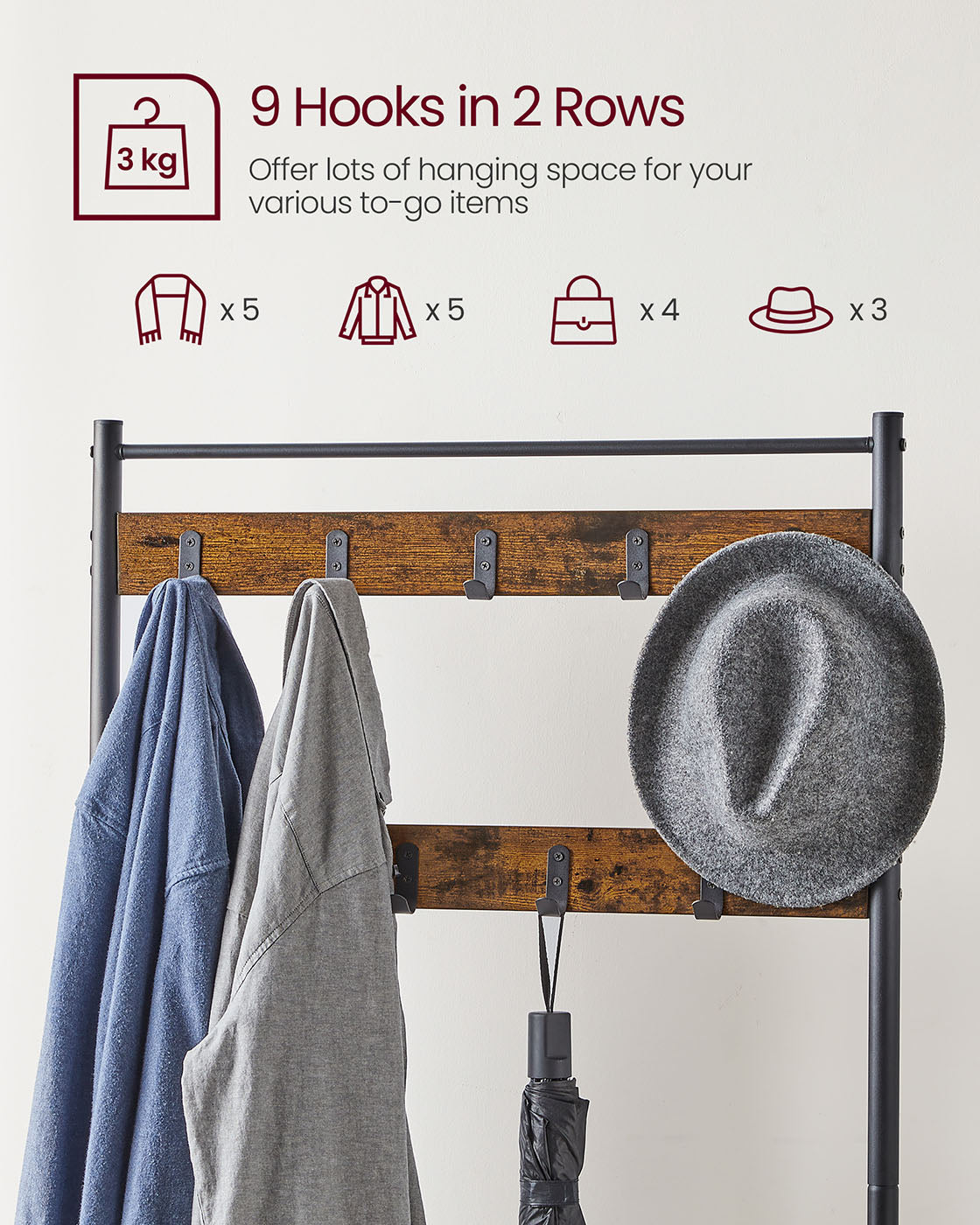 Hat Coat Stand - Particleboard and Metal - Rustic Brown