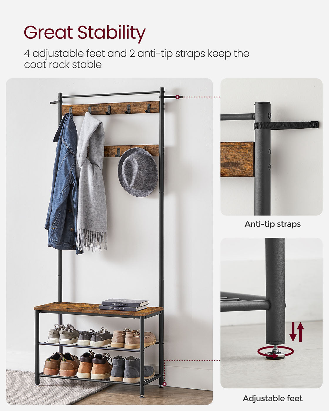 Hat Coat Stand - Particleboard and Metal - Rustic Brown