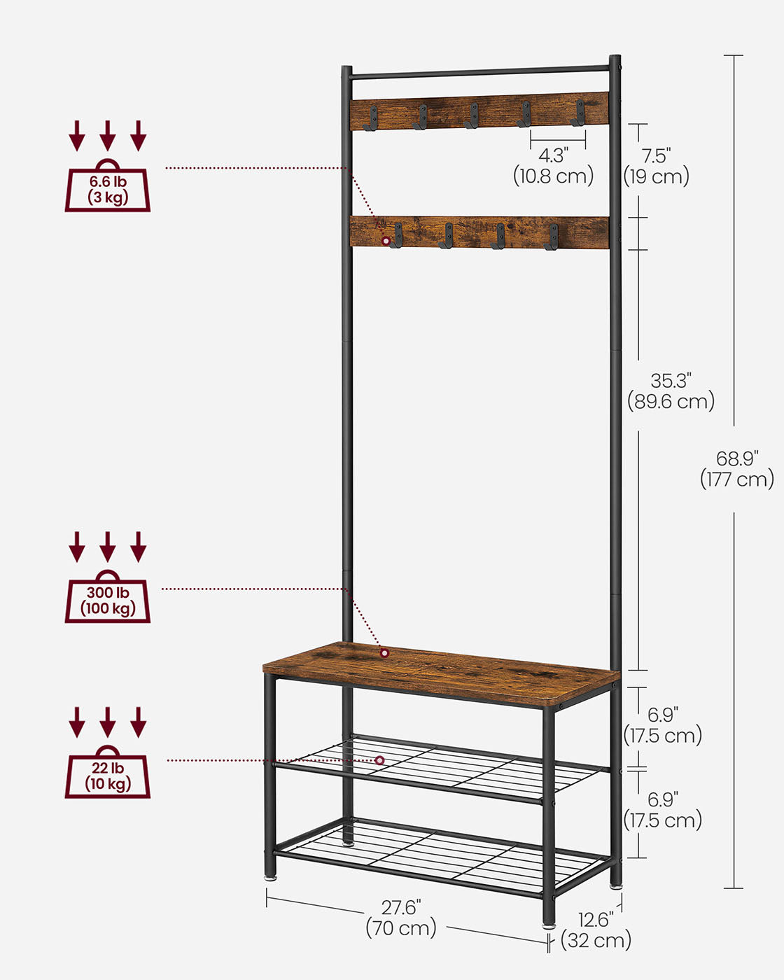 Hat Coat Stand - Particleboard and Metal - Rustic Brown