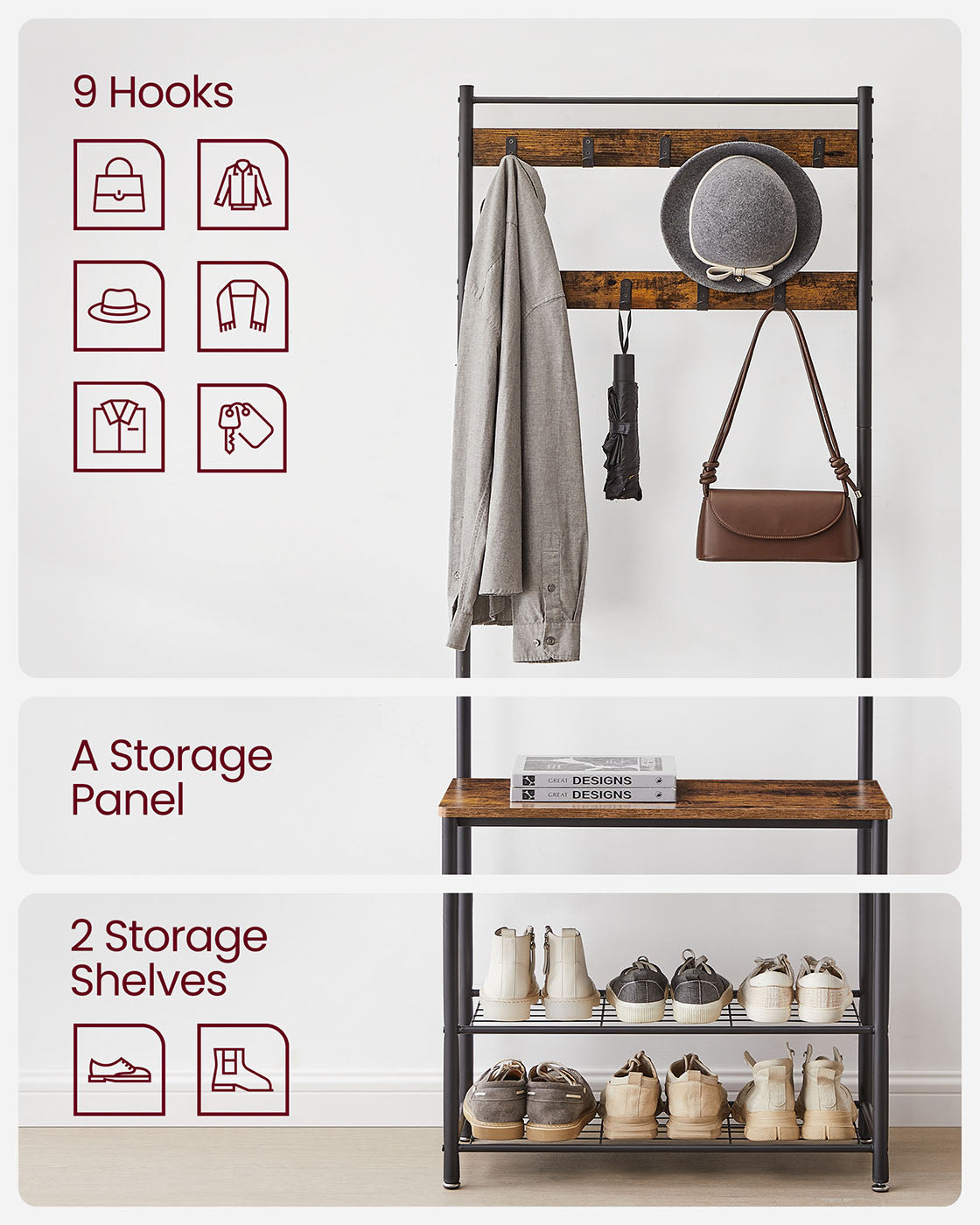 Hat Coat Stand - Particleboard and Metal - Rustic Brown