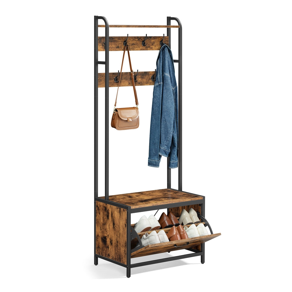 Coat Rack - Particleboard and Steel - Rustic Brown - with Shoe Storage