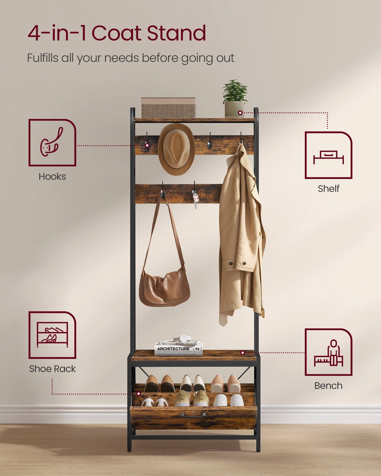 Coat Rack - Particleboard and Steel - Rustic Brown - with Shoe Storage