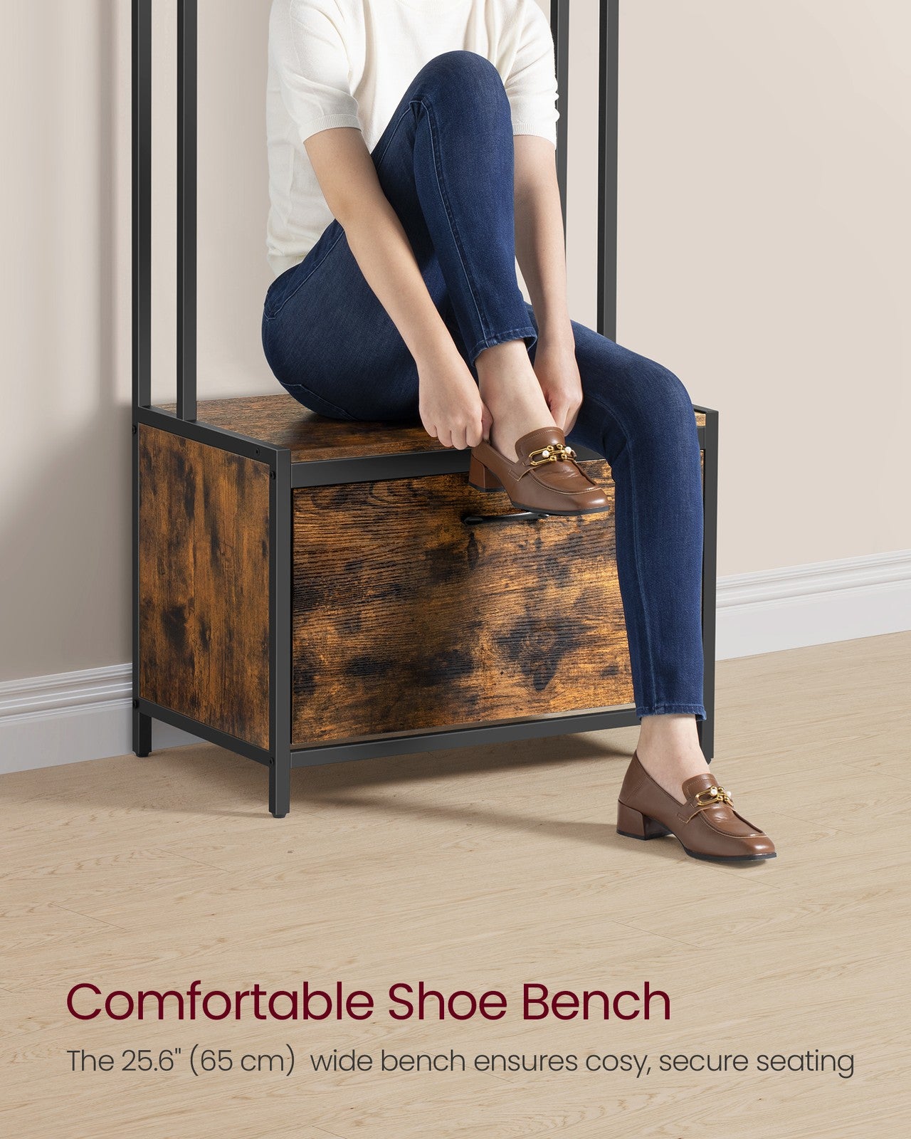 Coat Rack - Particleboard and Steel - Rustic Brown - with Shoe Storage