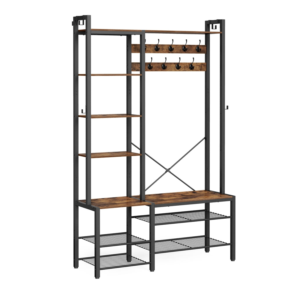 9 Hook Coat Rack - Wood and Steel - Rustic Brown - with Shoe Bench