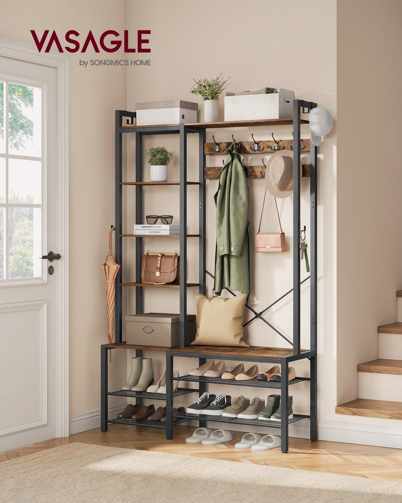 9 Hook Coat Rack - Wood and Steel - Rustic Brown - with Shoe Bench