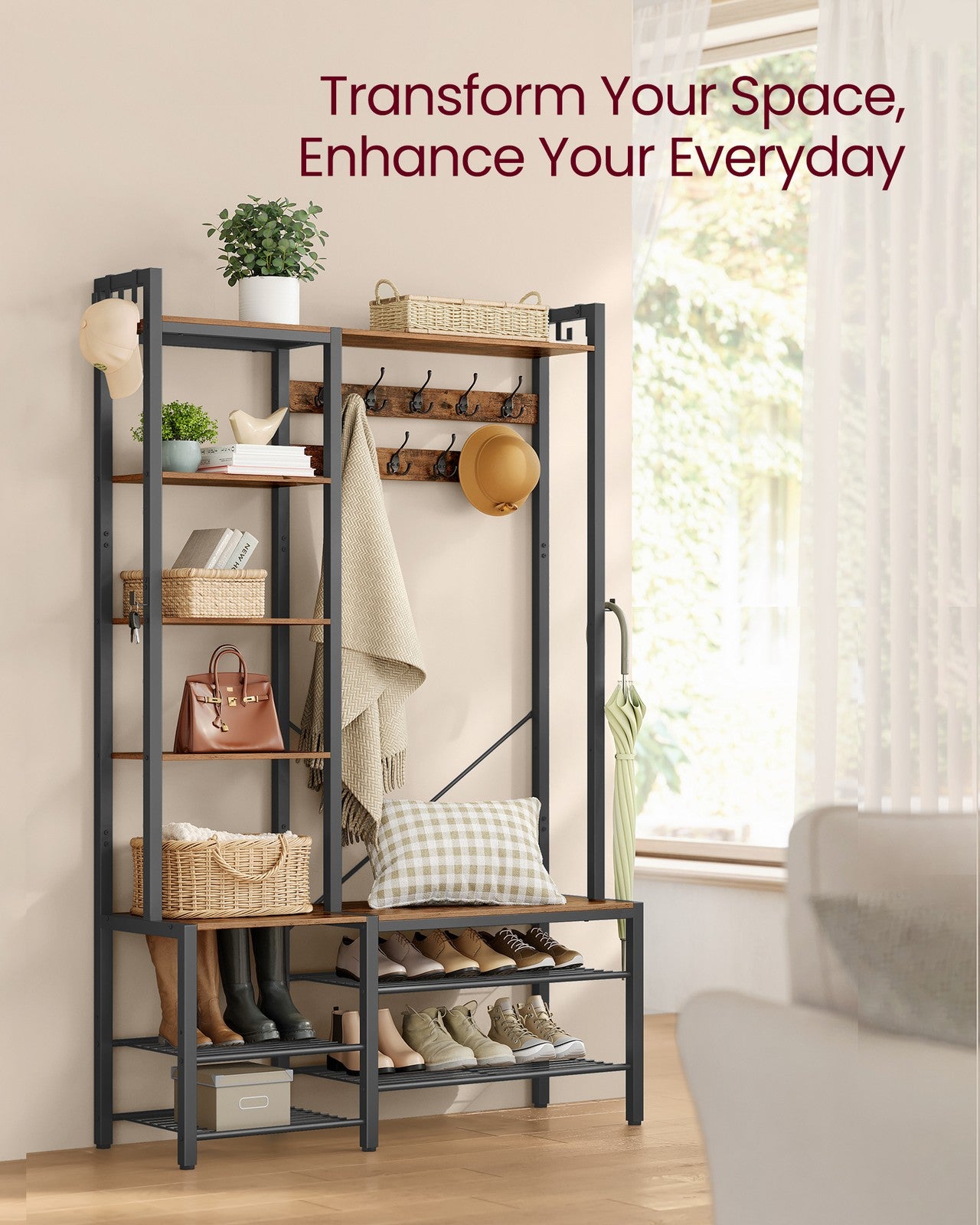 9 Hook Coat Rack - Wood and Steel - Rustic Brown - with Shoe Bench