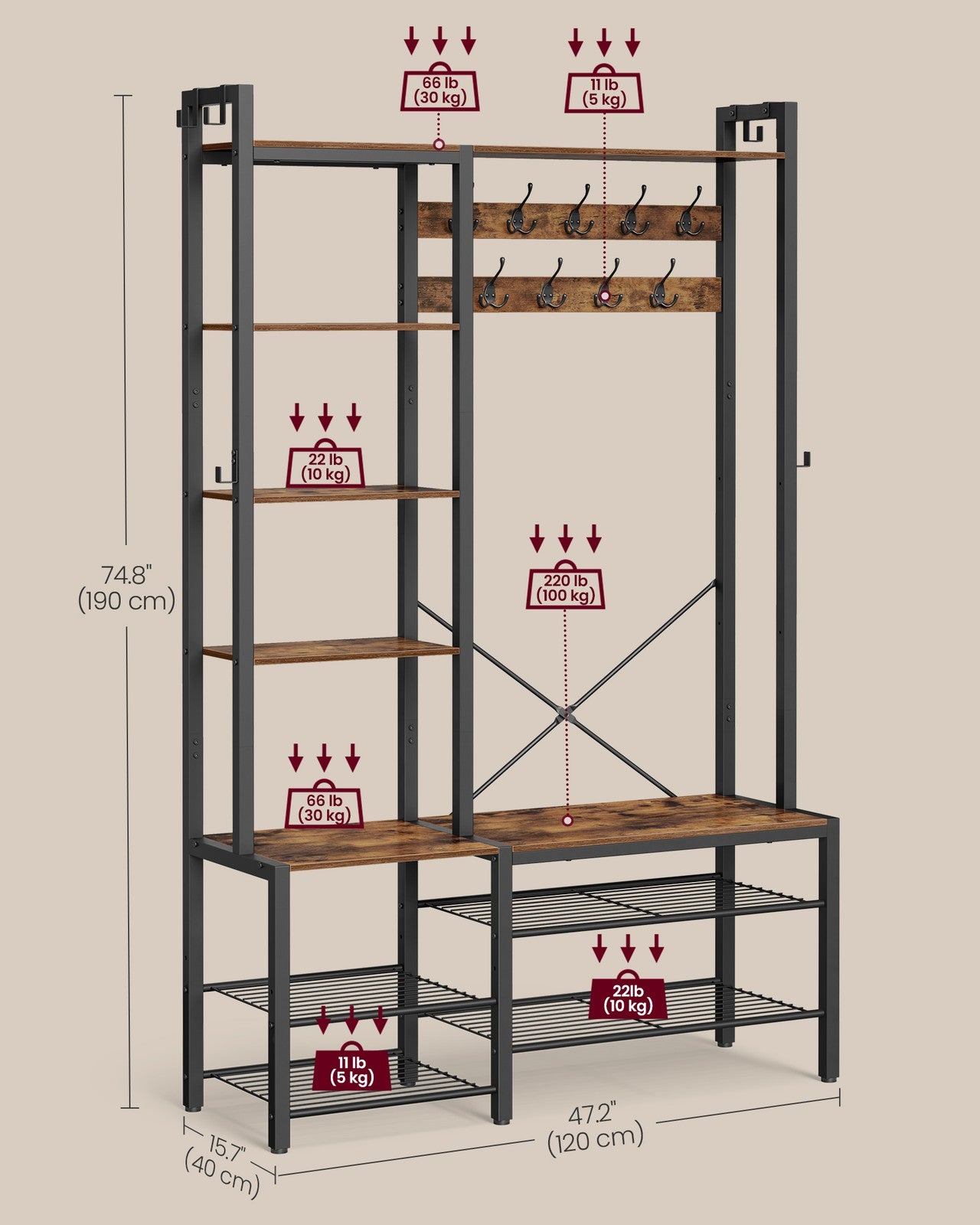 9 Hook Coat Rack - Wood and Steel - Rustic Brown - with Shoe Bench