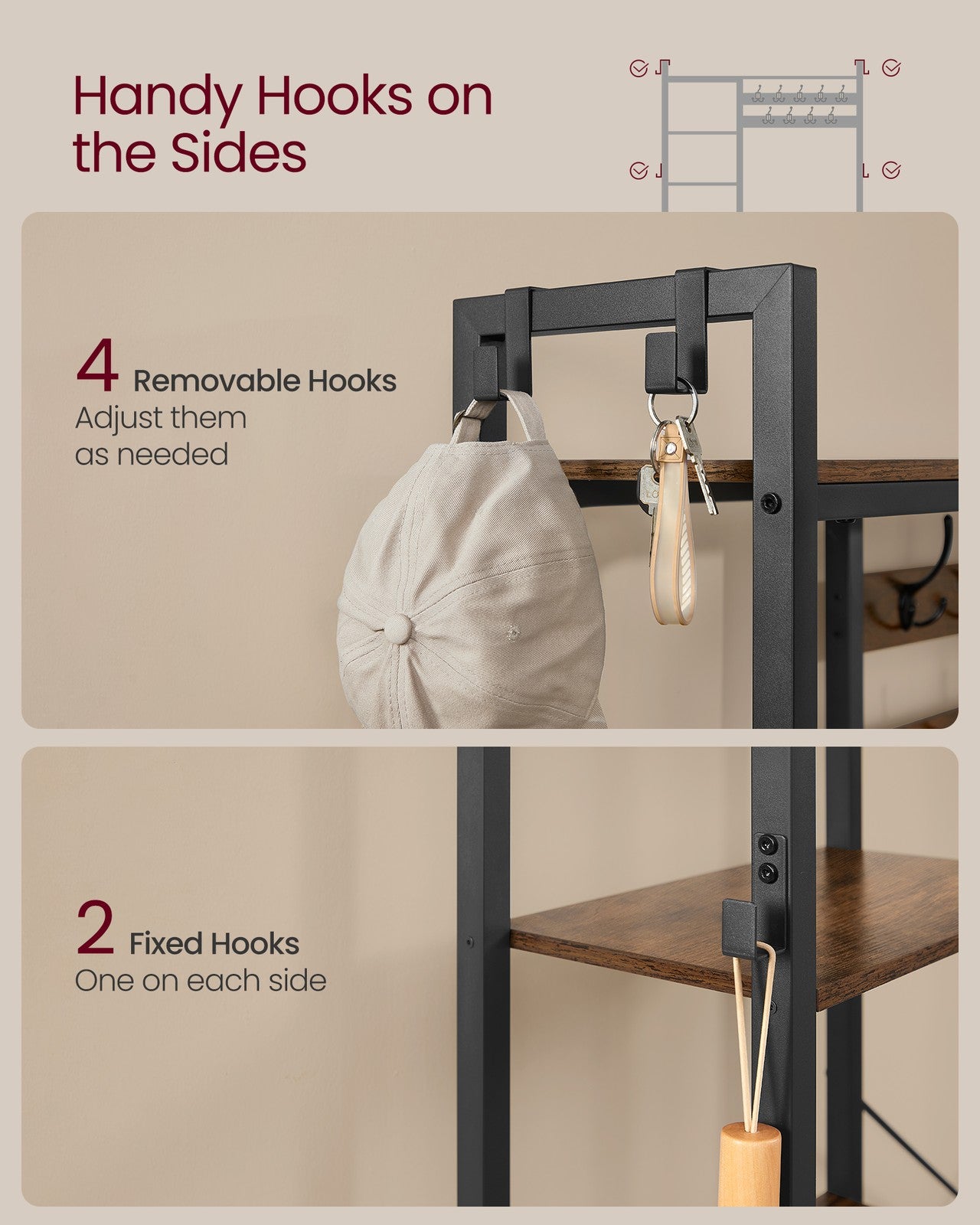 9 Hook Coat Rack - Wood and Steel - Rustic Brown - with Shoe Bench