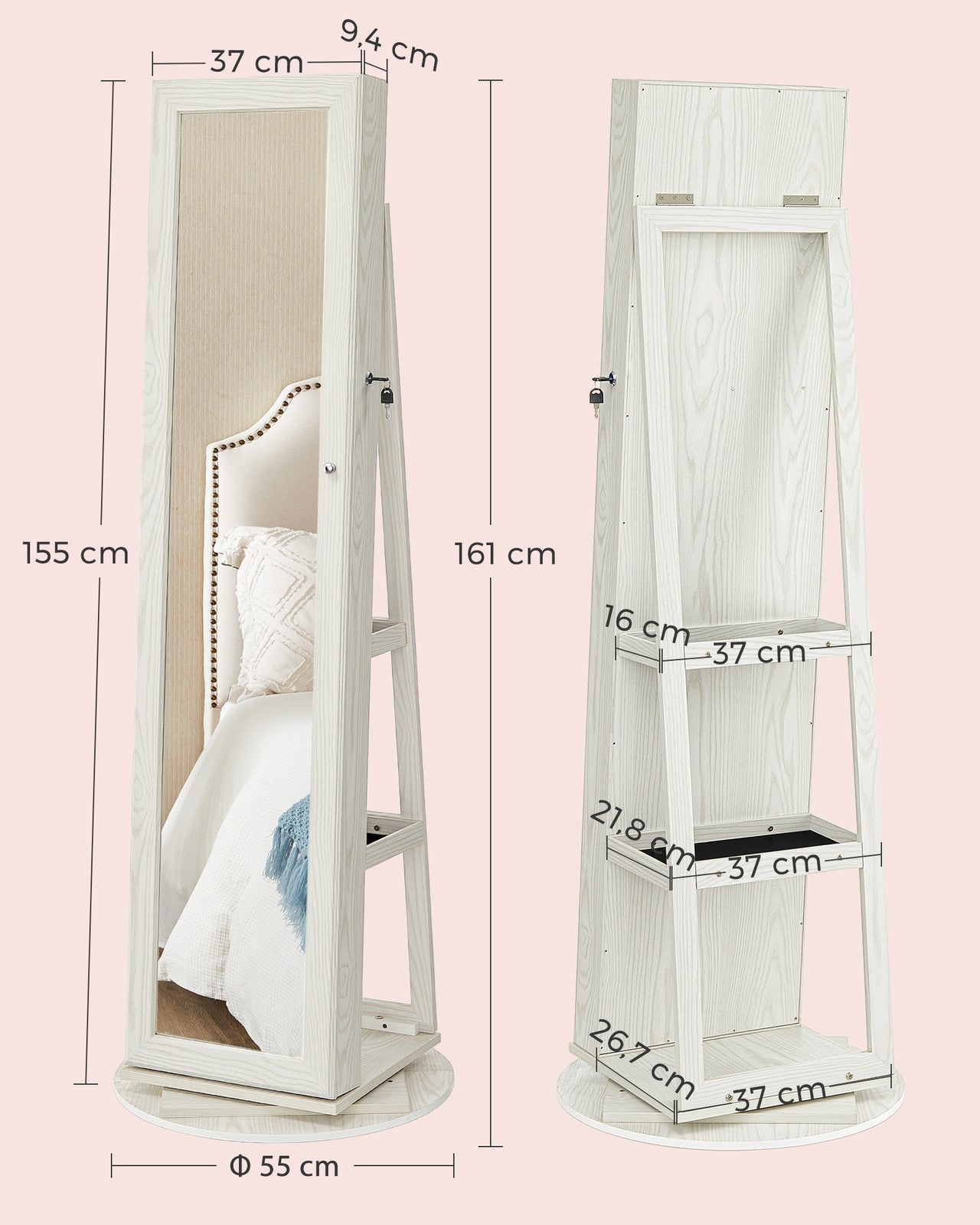 Rotatable Jewellery Cabinet - Wood - White