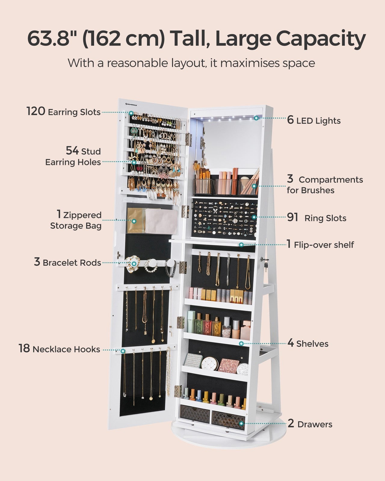 360° Swivel Jewellery Storage Organiser - MDF and Steel - White