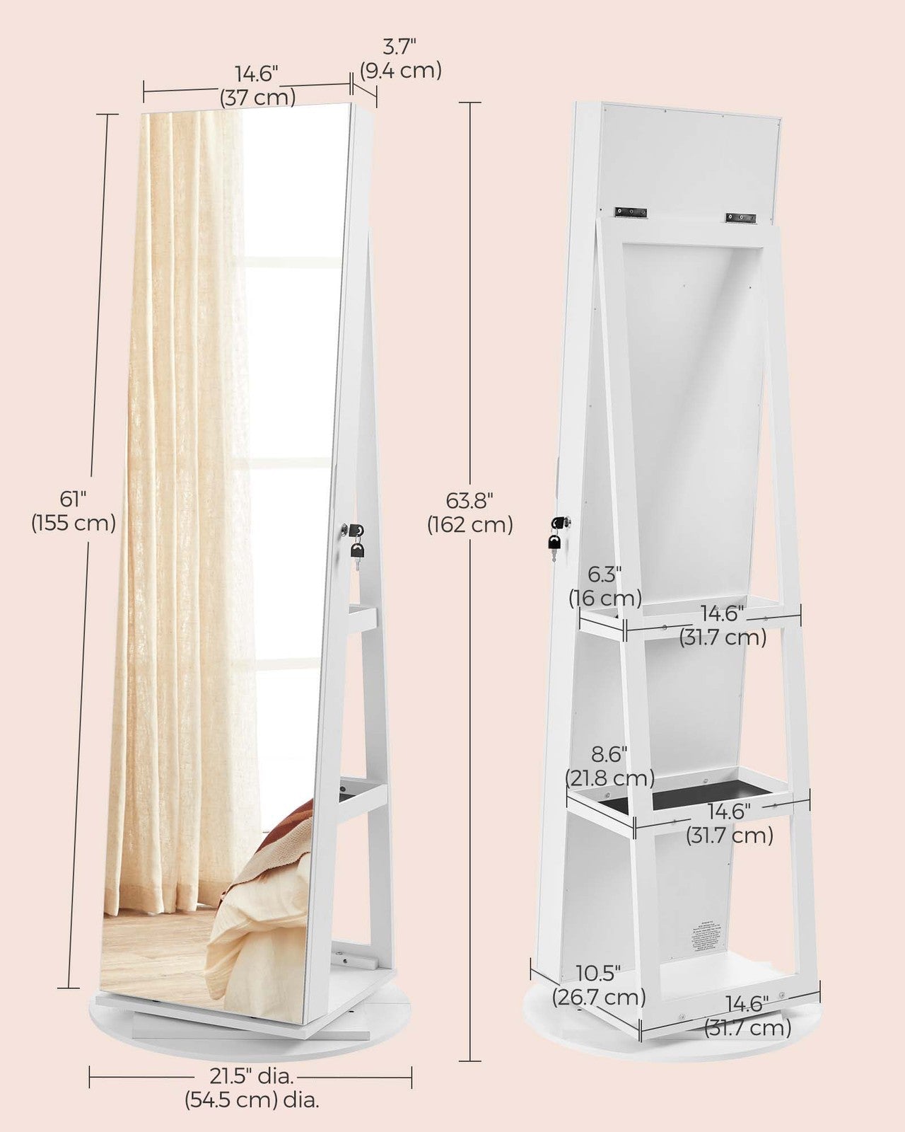 360° Swivel Jewellery Storage Organiser - MDF and Steel - White