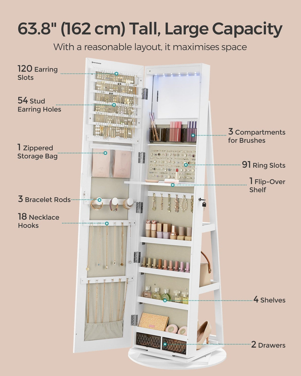 6 LEDs Mirror Jewellery Cabinet