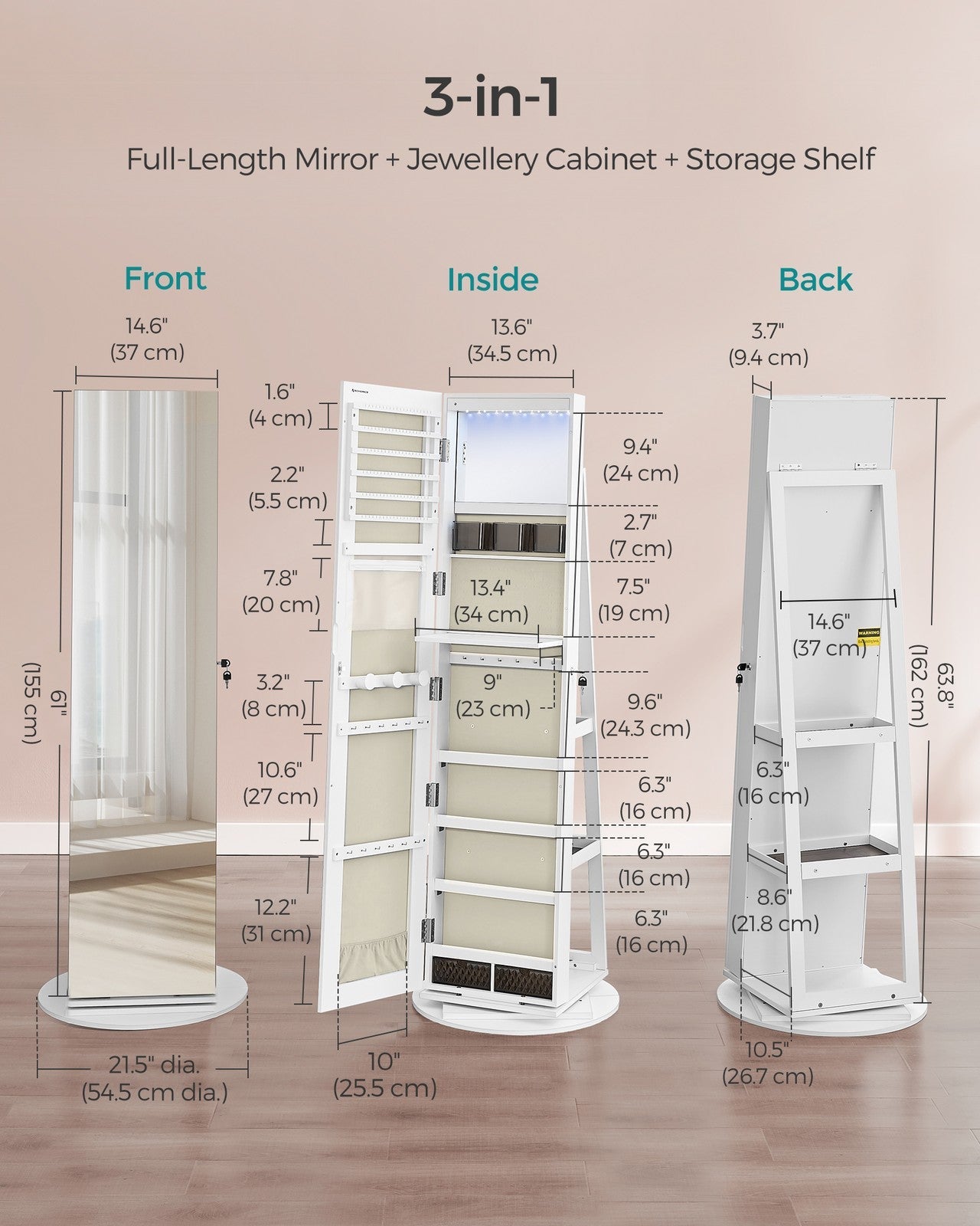 6 LEDs Mirror Jewellery Cabinet