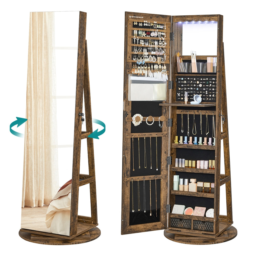 Rotating LED Mirror Jewelry Cabinet - MDF and Steel - Rustic Brown Surface