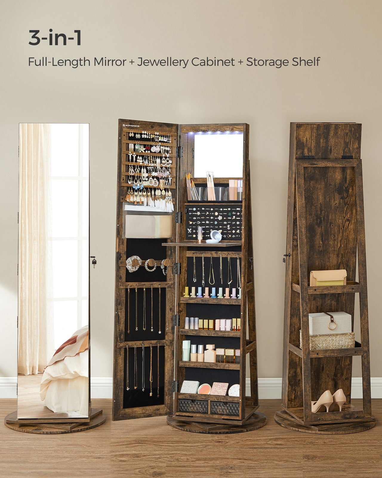 Rotating LED Mirror Jewelry Cabinet - MDF and Steel - Rustic Brown Surface