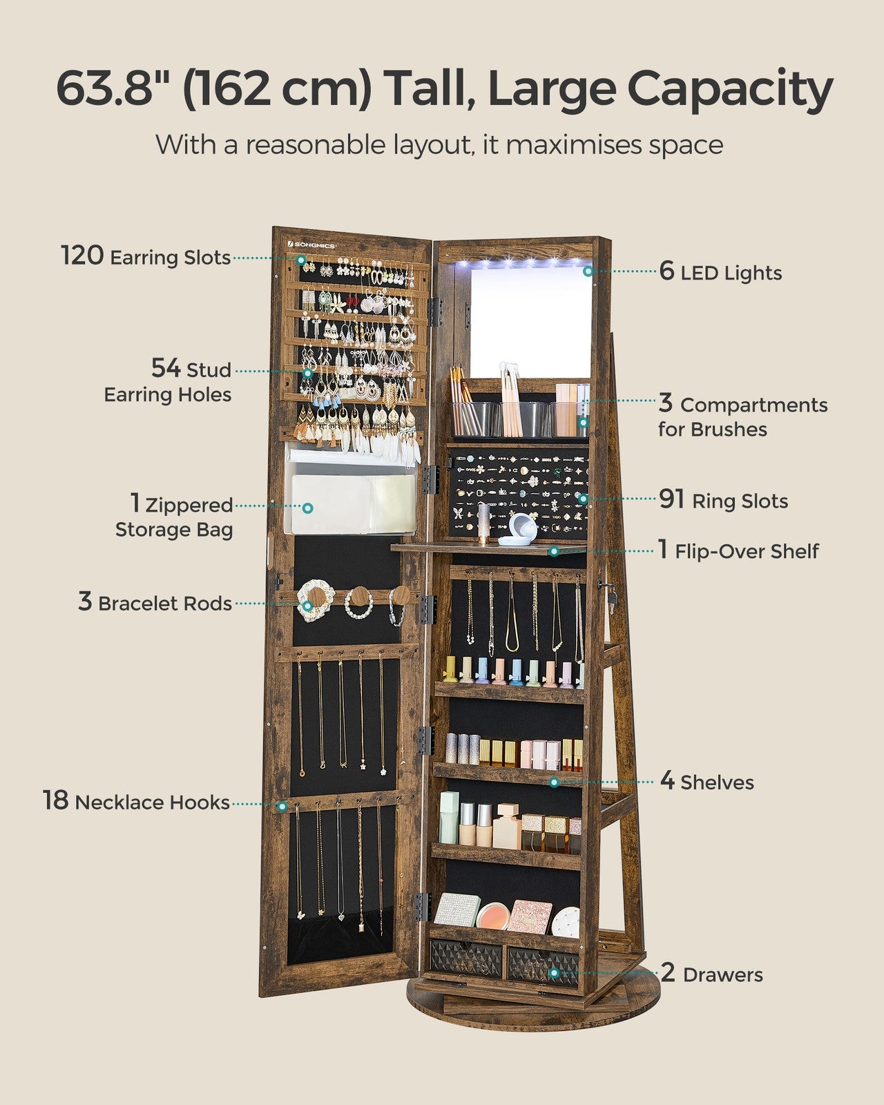 Rotating LED Mirror Jewelry Cabinet - MDF and Steel - Rustic Brown Surface