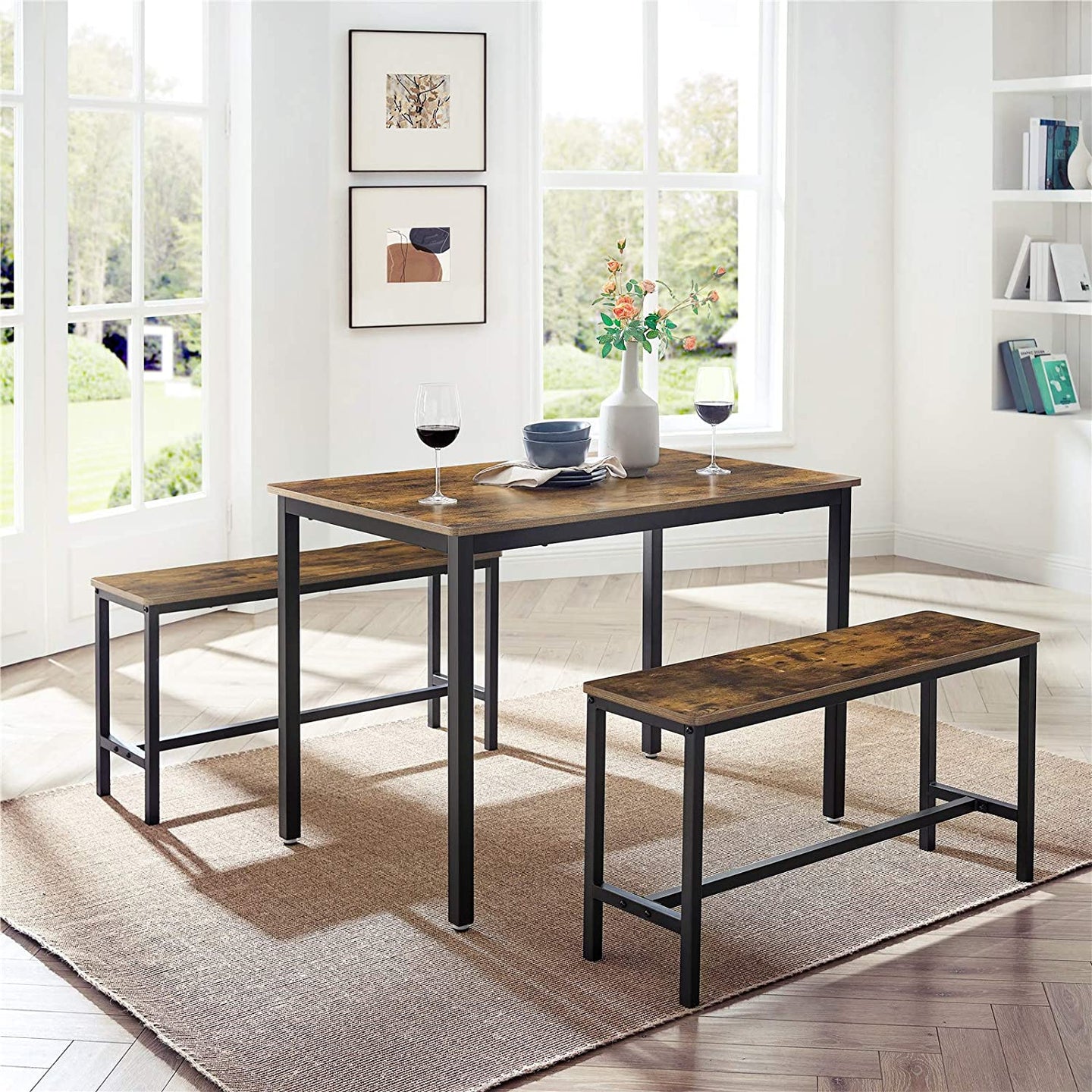 Dining Table - Particleboard - Rustic Brown - with Benches