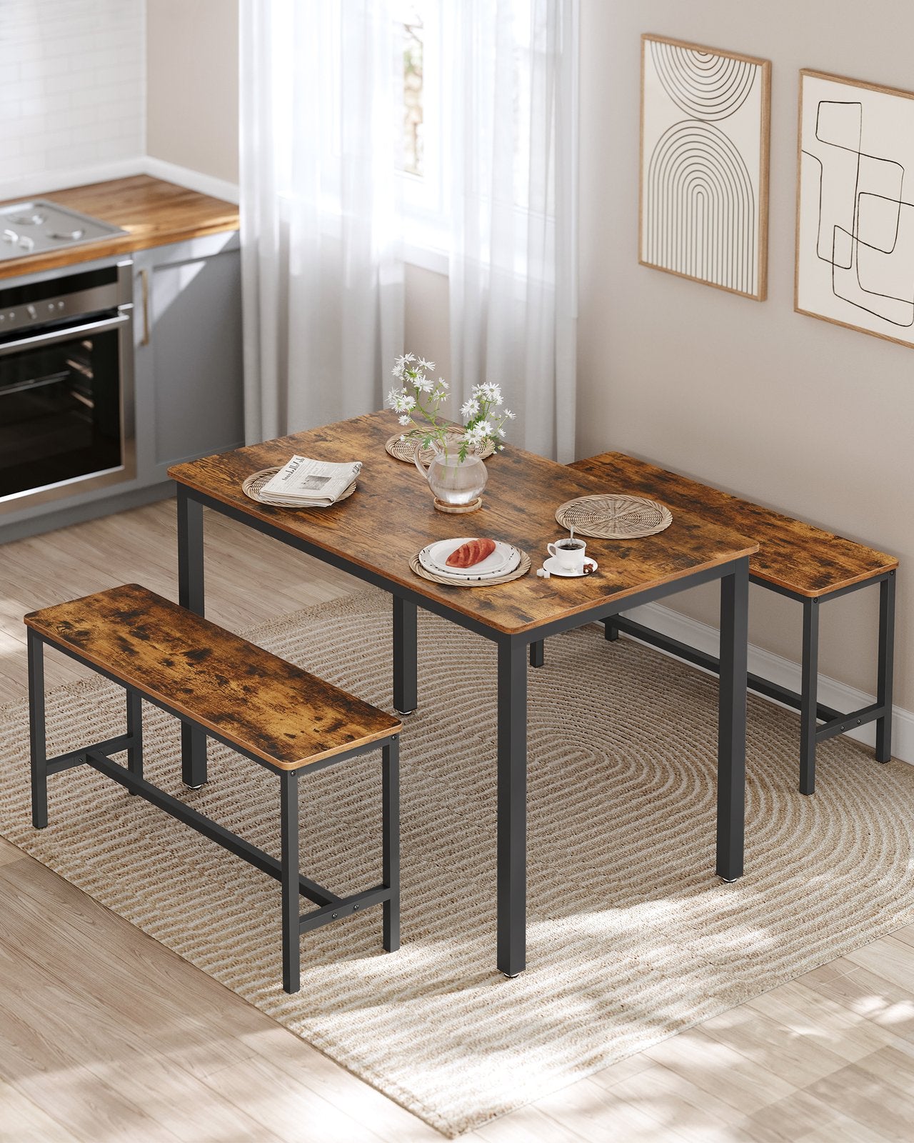 Dining Table - Particleboard - Rustic Brown - with Benches