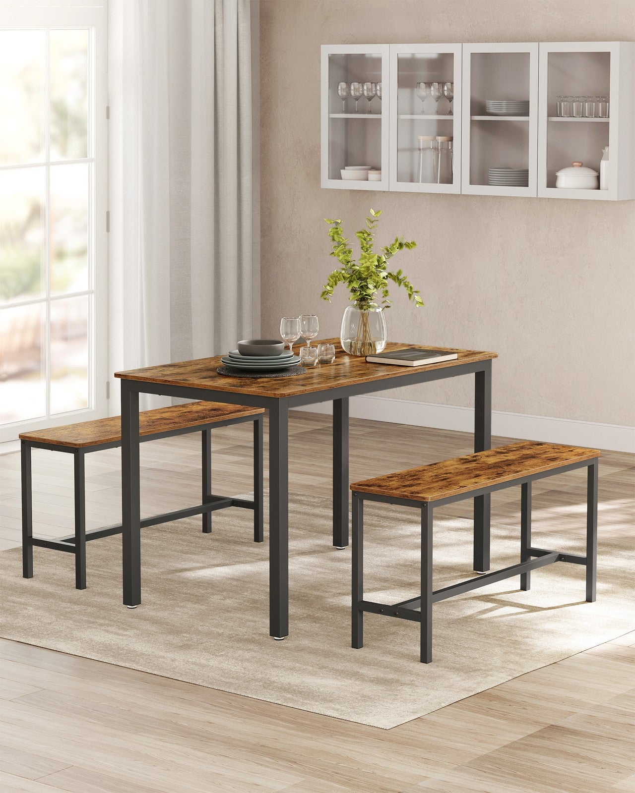 Dining Table - Particleboard - Rustic Brown - with Benches