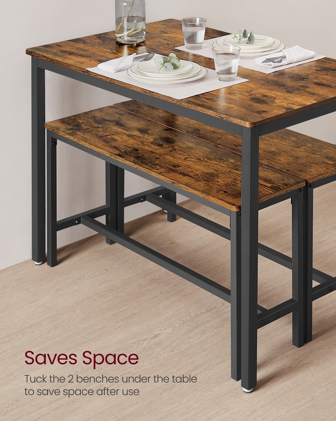 Dining Table - Particleboard - Rustic Brown - with Benches