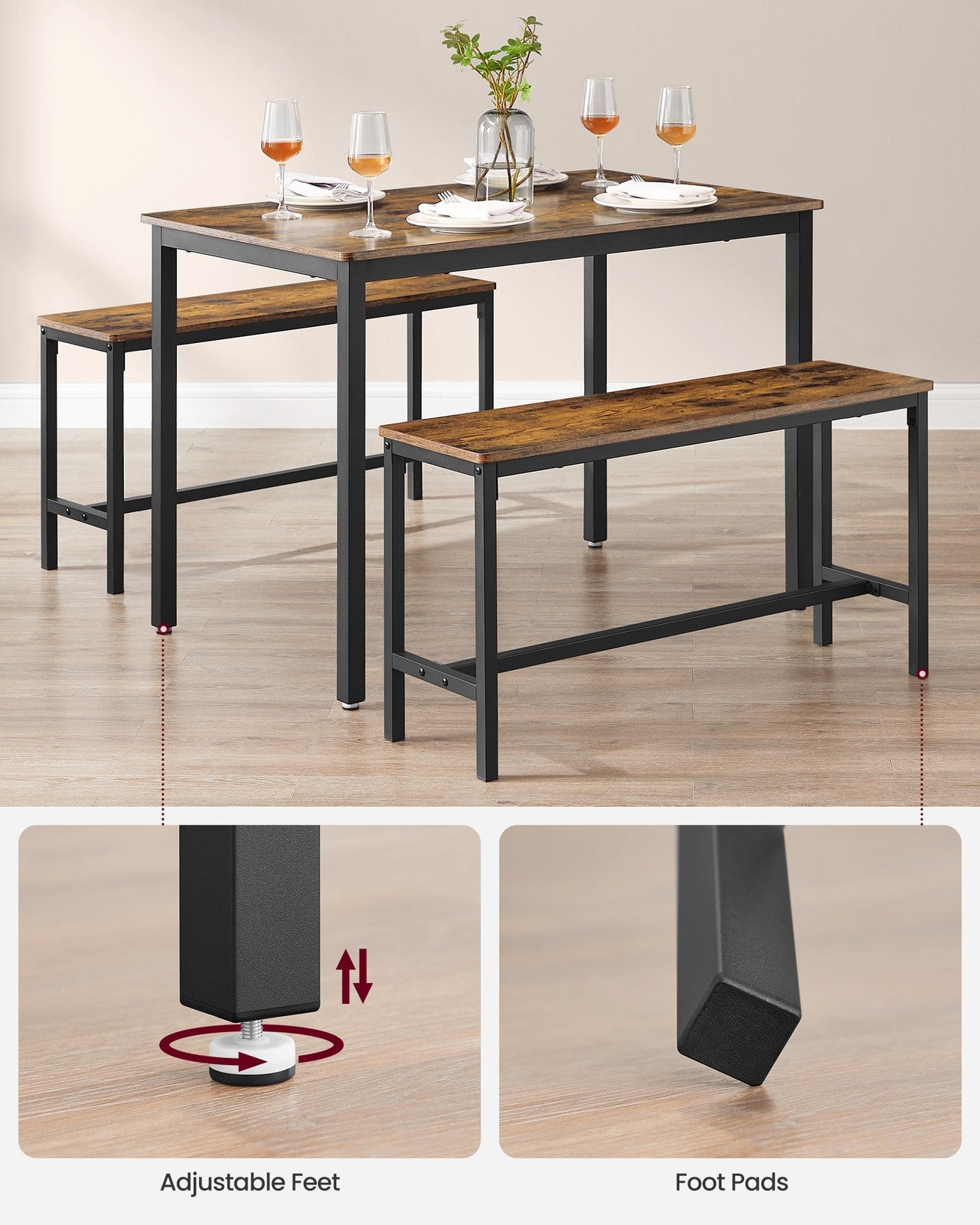 Dining Table - Particleboard - Rustic Brown - with Benches