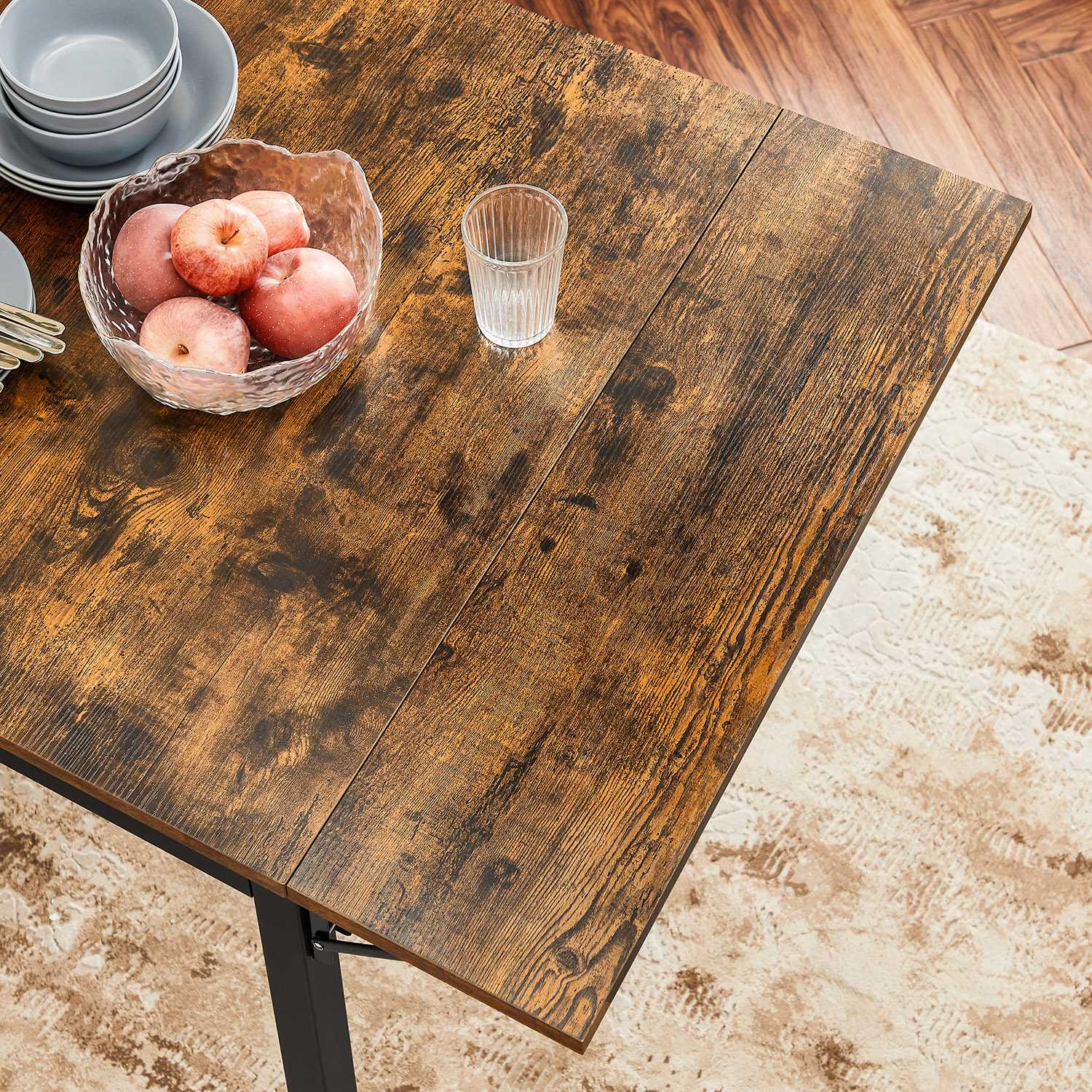 Extendable Dining Table - Wood and Steel - Rustic Brown and Ink Black